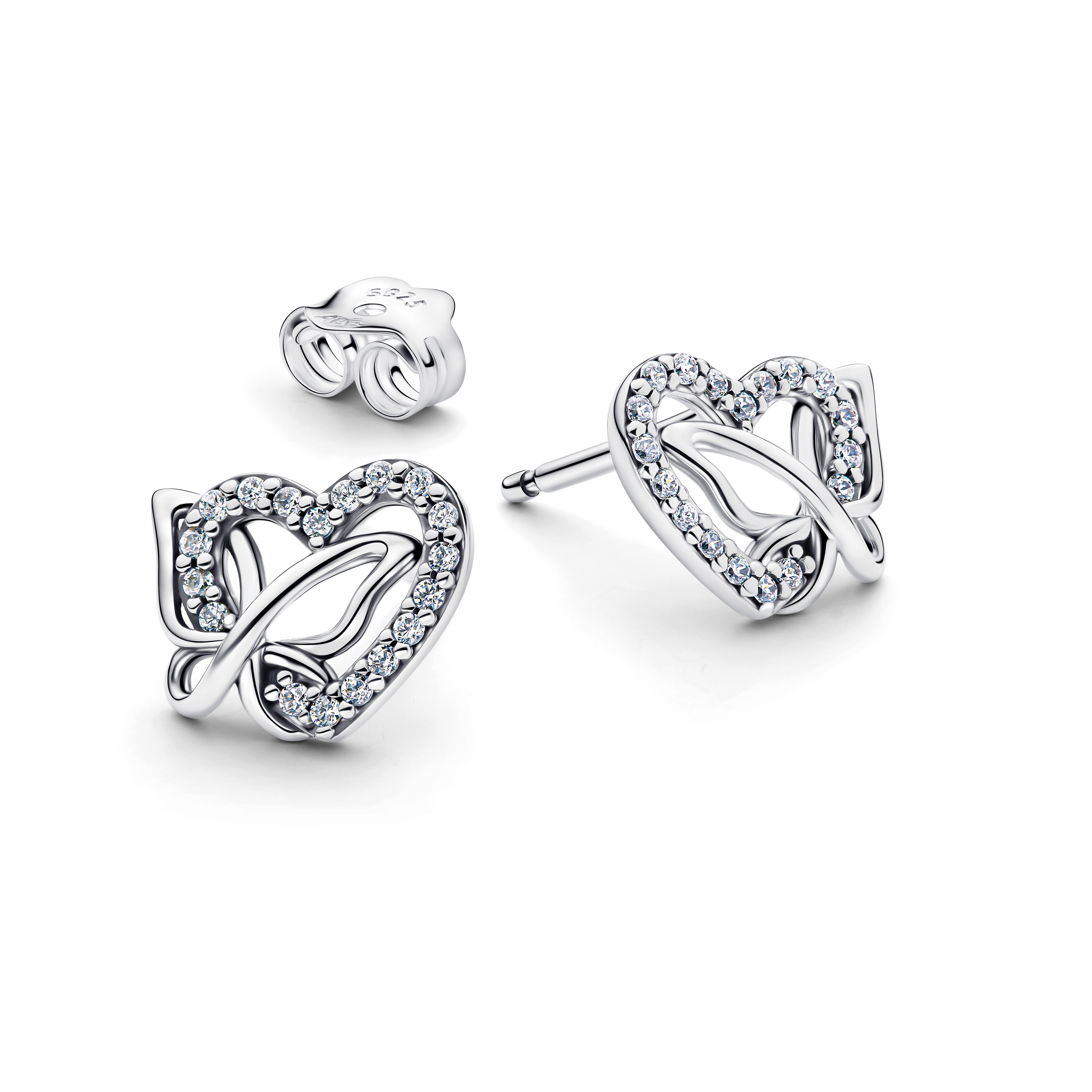 Heart And Butterfly Sterling Silver Stud Earrings With Clear Cubic Zirconia