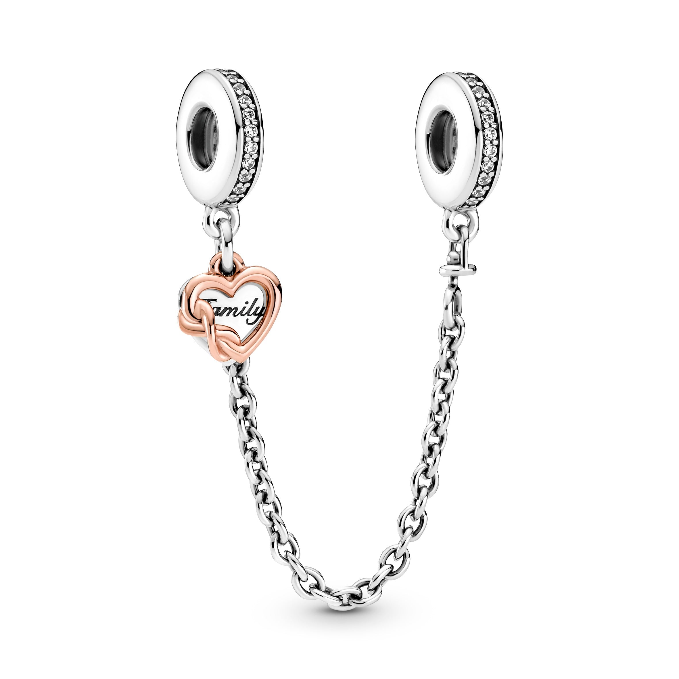 Heart And Infinity Sterling Silver And 14K Rose Gold-Plated Safety Chain With Clear Cubic Zirconia