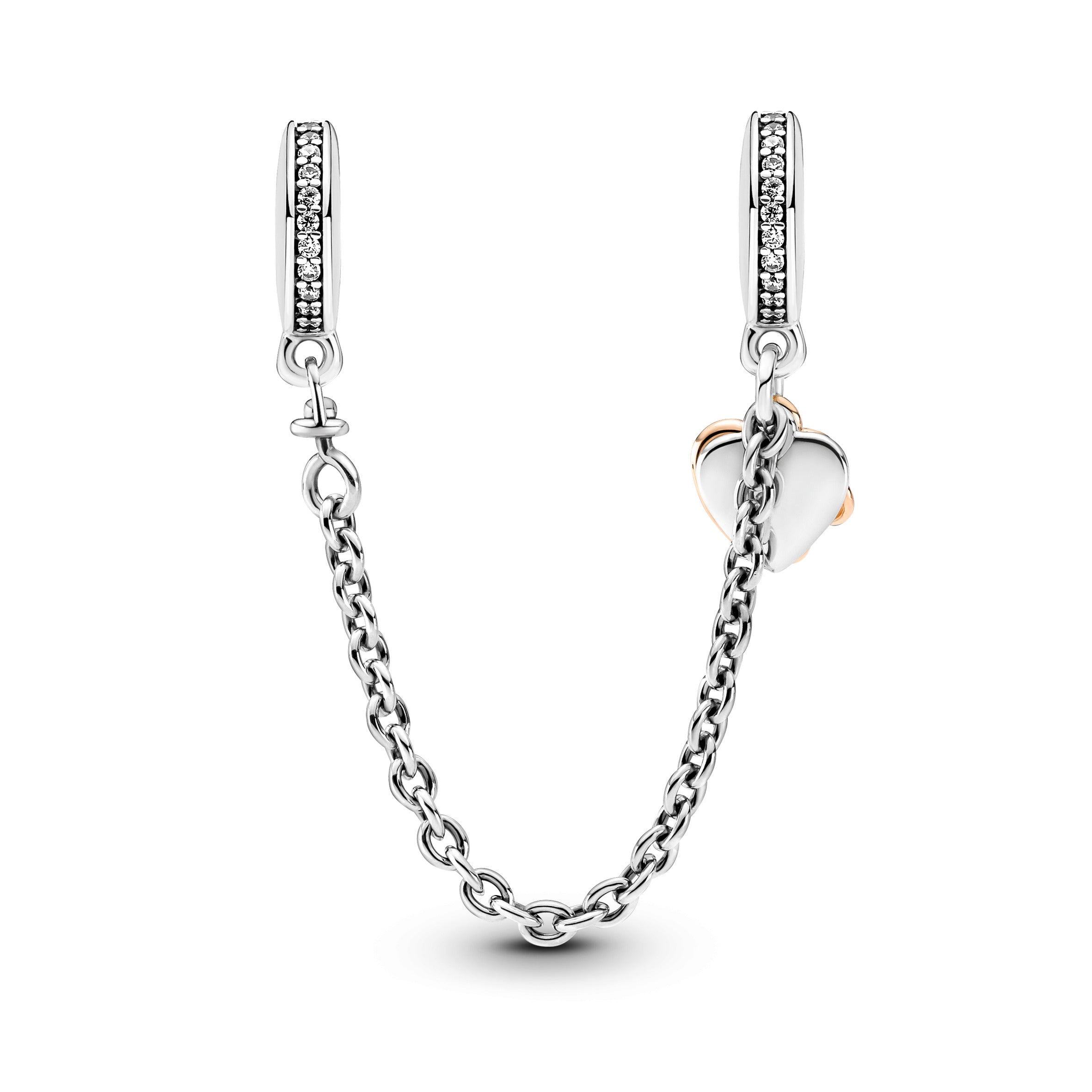 Heart And Infinity Sterling Silver And 14K Rose Gold-Plated Safety Chain With Clear Cubic Zirconia