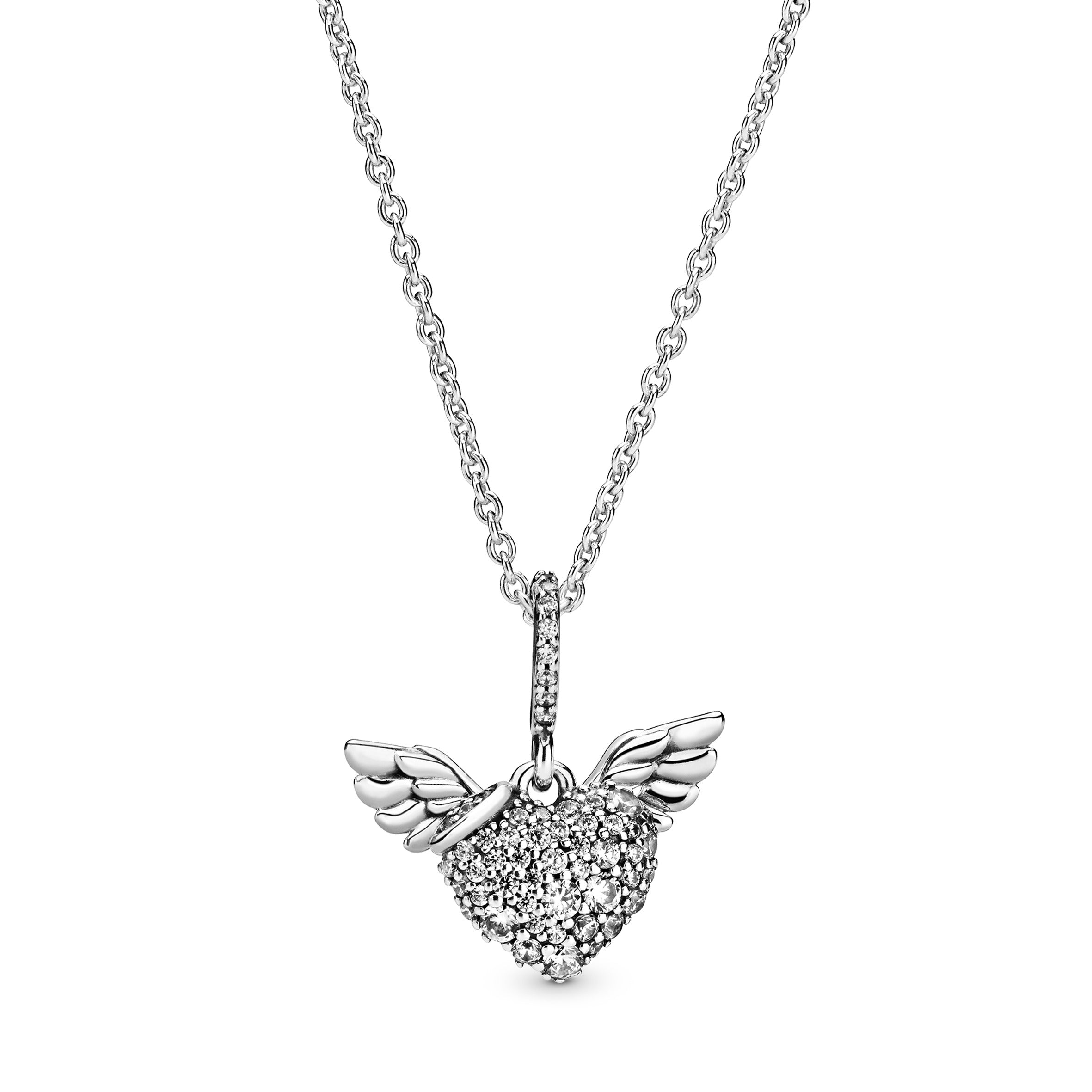 Heart And Wings Sterling Silver Pendant With Clear Cubic Zirconia And Necklace