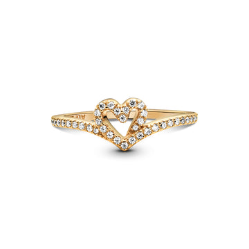 Heart And Wishbone 14K Gold-Plated Ring With Clear Cubic Zirconia