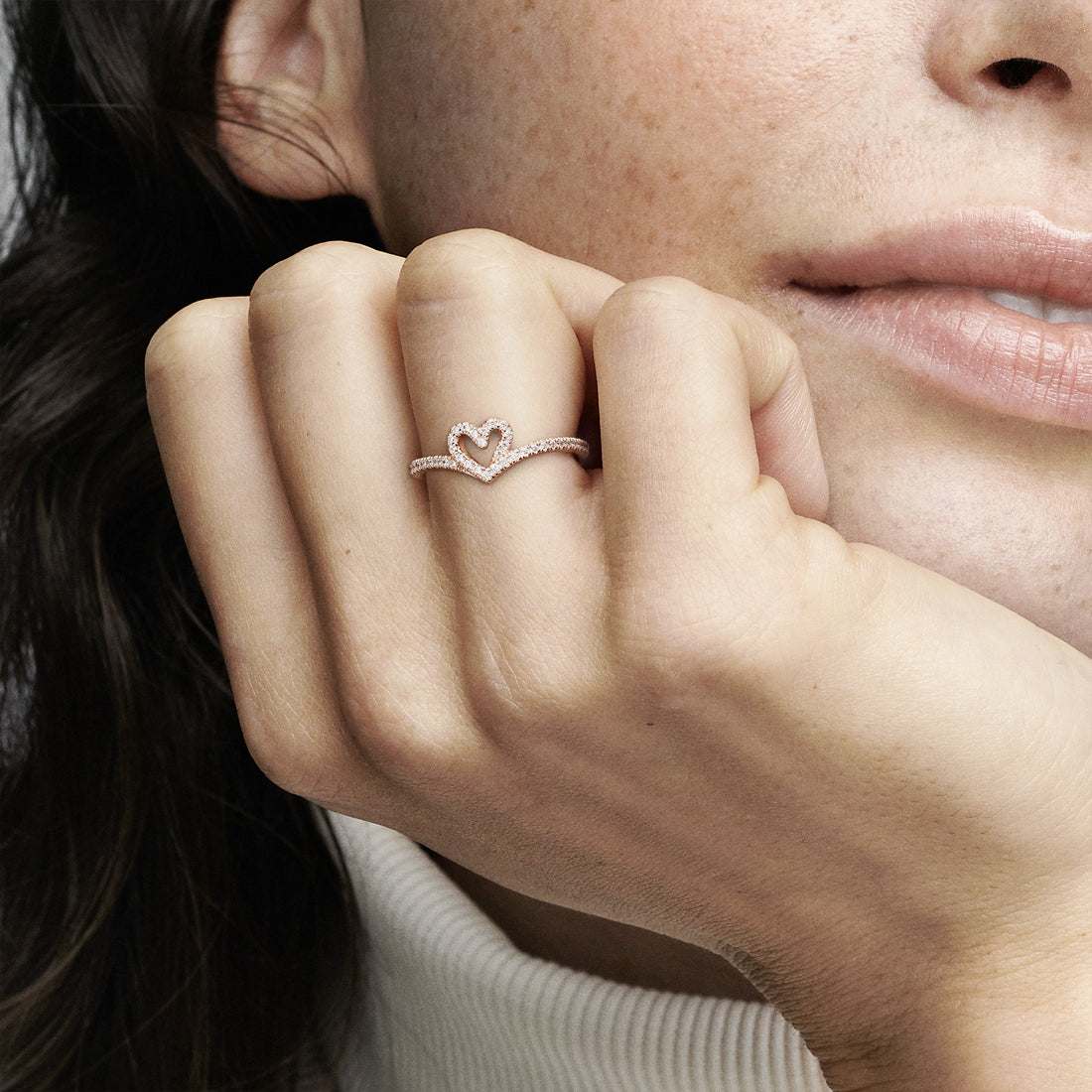 Heart And Wishbone 14K Rose Gold-Plated Ring With Clear Cubic Zirconia
