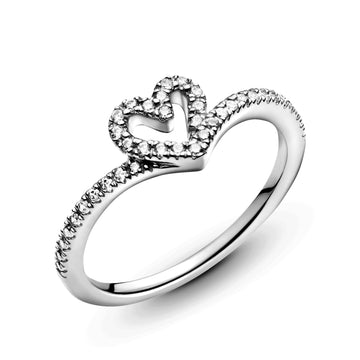 Heart And Wishbone Sterling Silver Ring With Clear Cubic Zirconia