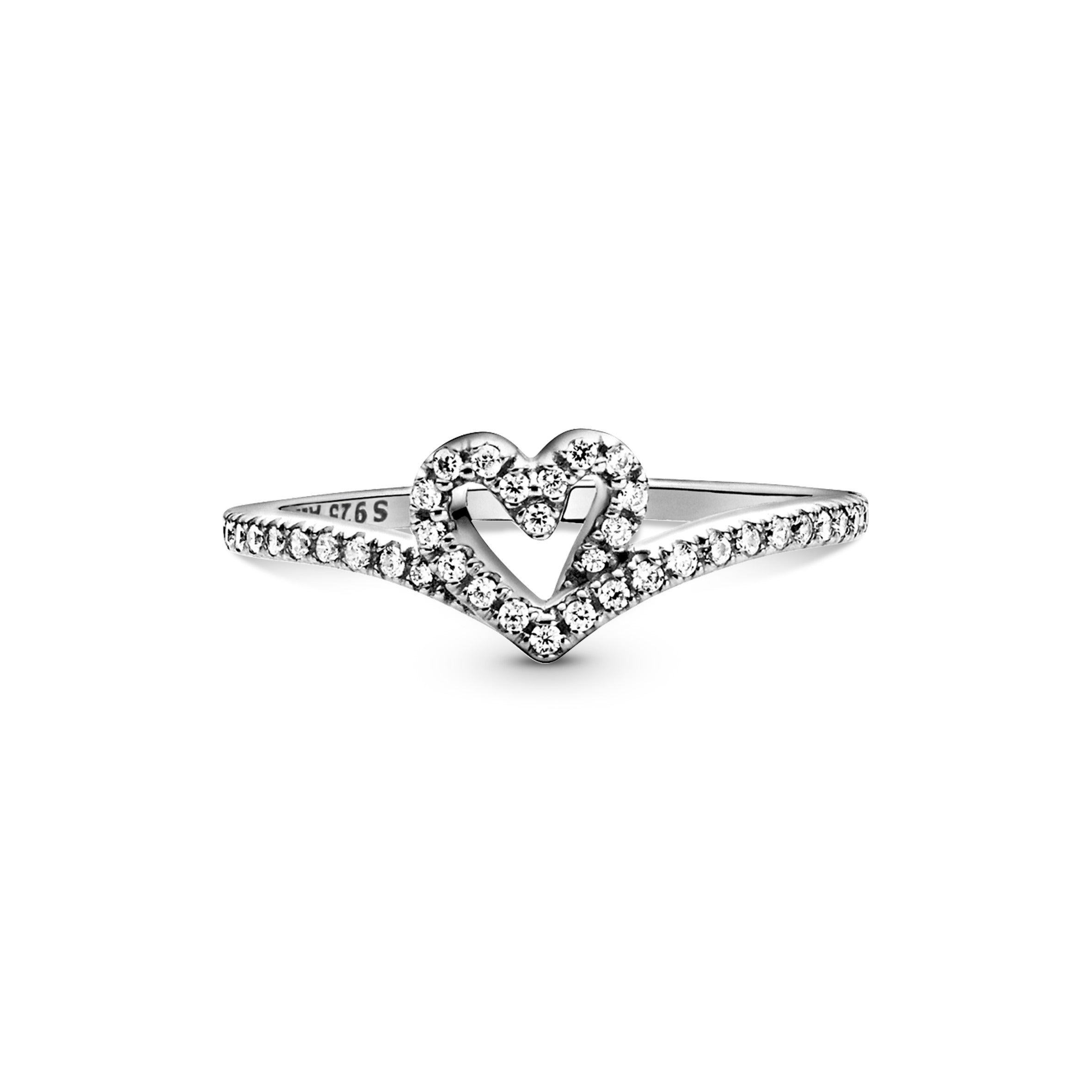 Heart And Wishbone Sterling Silver Ring With Clear Cubic Zirconia