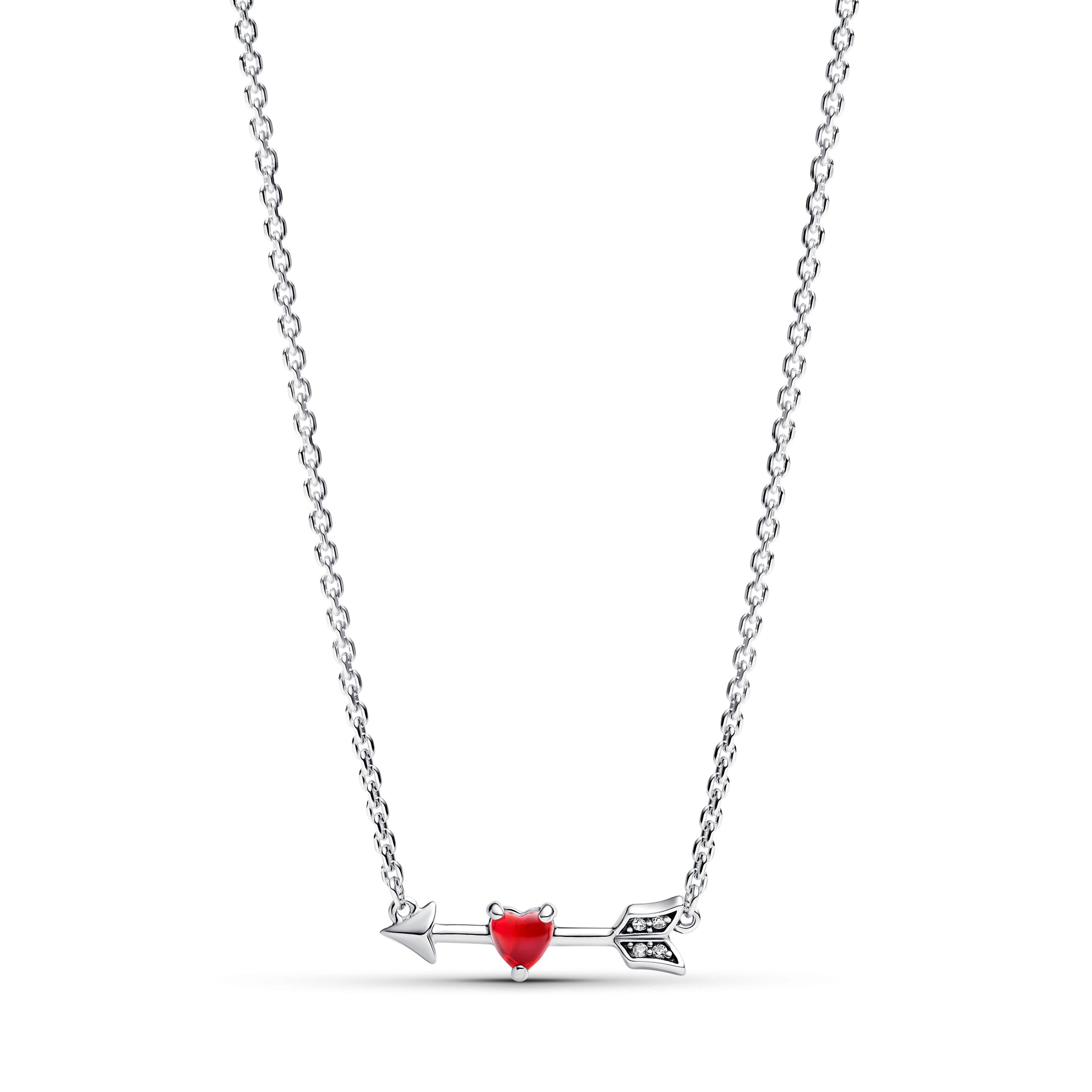 Heart Arrow Sterling Silver Pendant Necklace With Red Murano Glass And Clear Cubic Zirconia