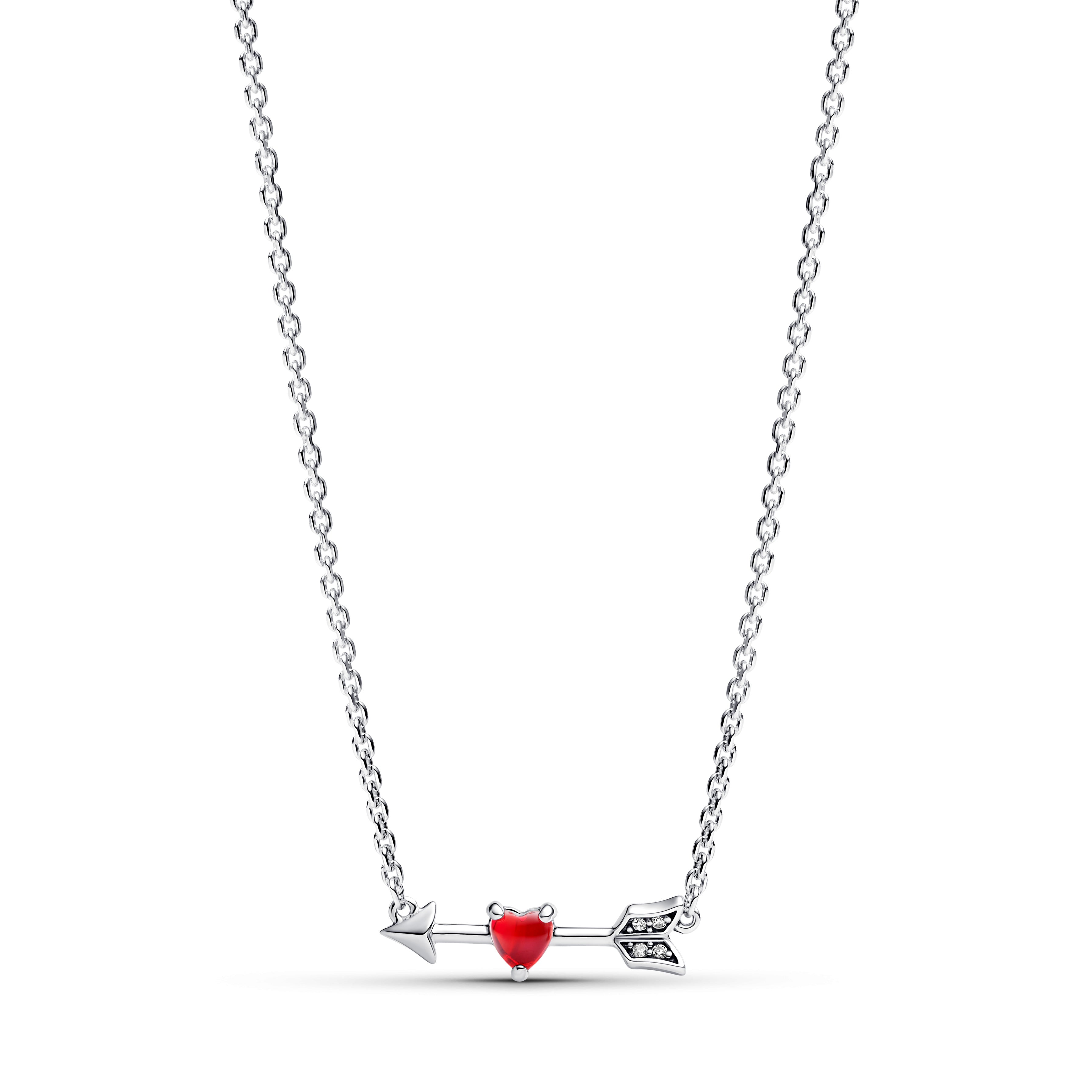 Heart Arrow Sterling Silver Pendant Necklace With Red Murano Glass And Clear Cubic Zirconia