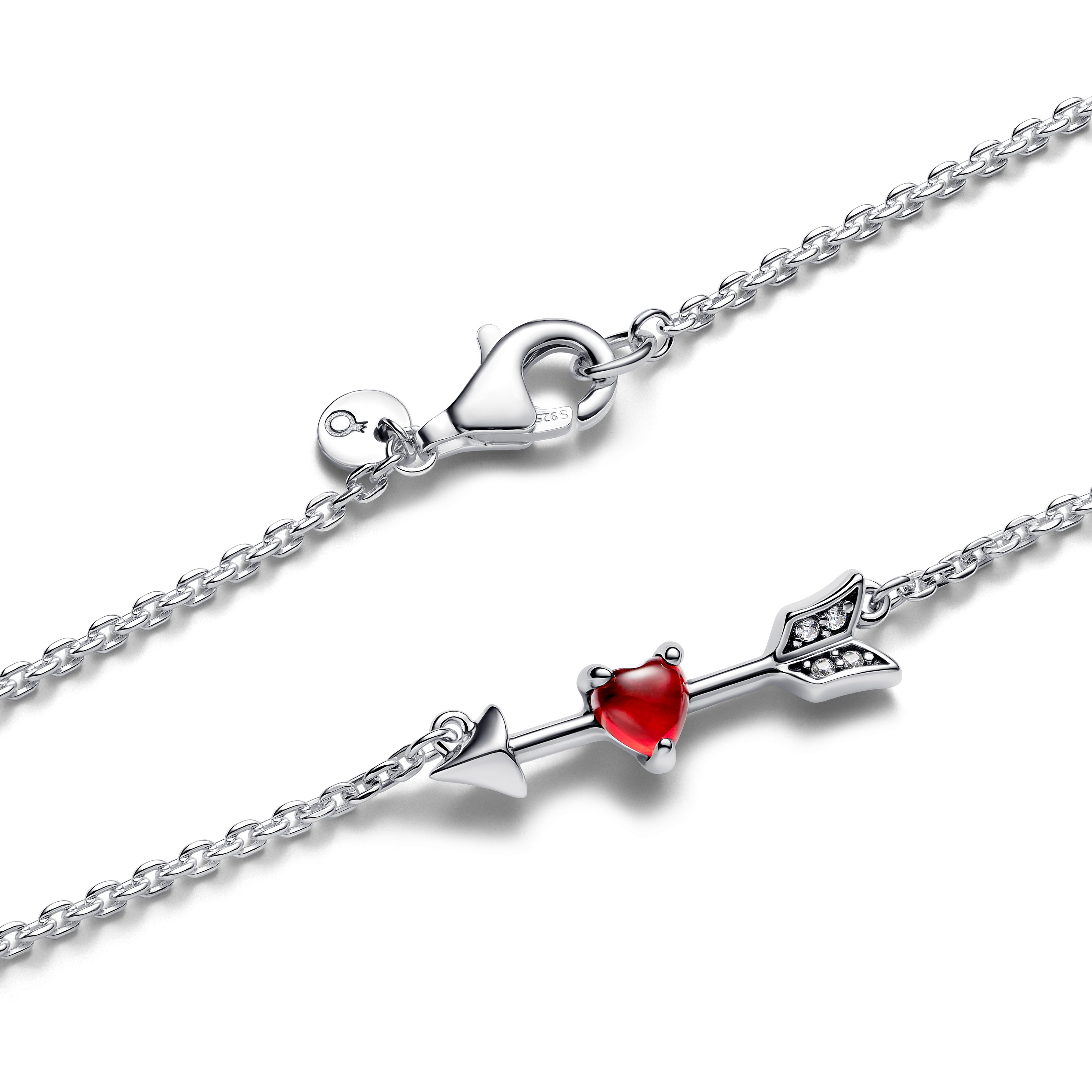 Heart Arrow Sterling Silver Pendant Necklace With Red Murano Glass And Clear Cubic Zirconia