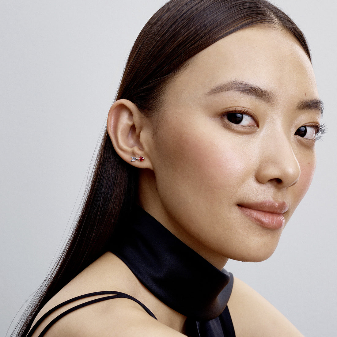 Heart Arrow Sterling Silver Stud Earrings With Red Murano Glass And Clear Cubic Zirconia