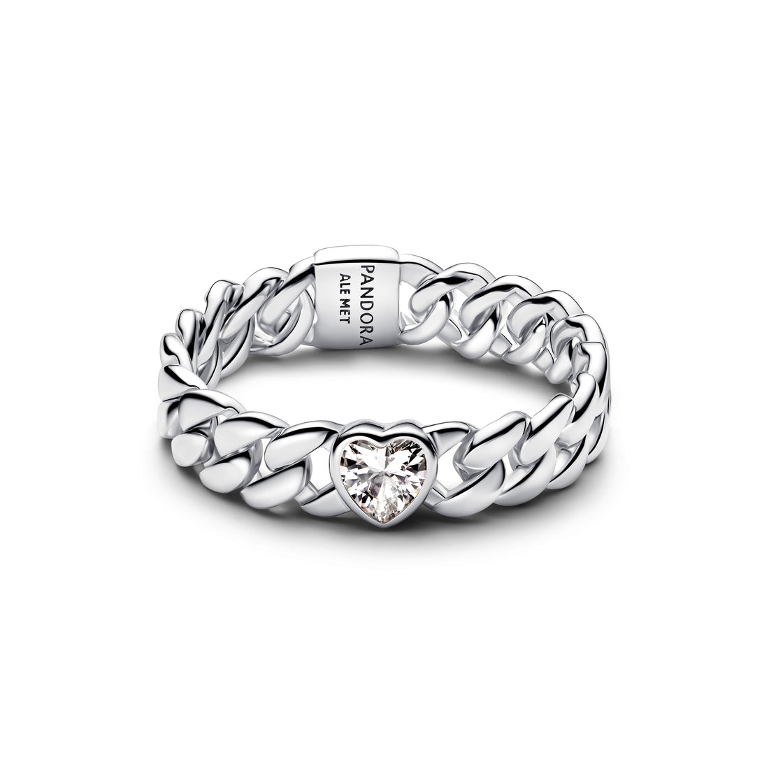 Heart Cuban Chain Sterling Silver Ring With Clear Cubic Zirconia