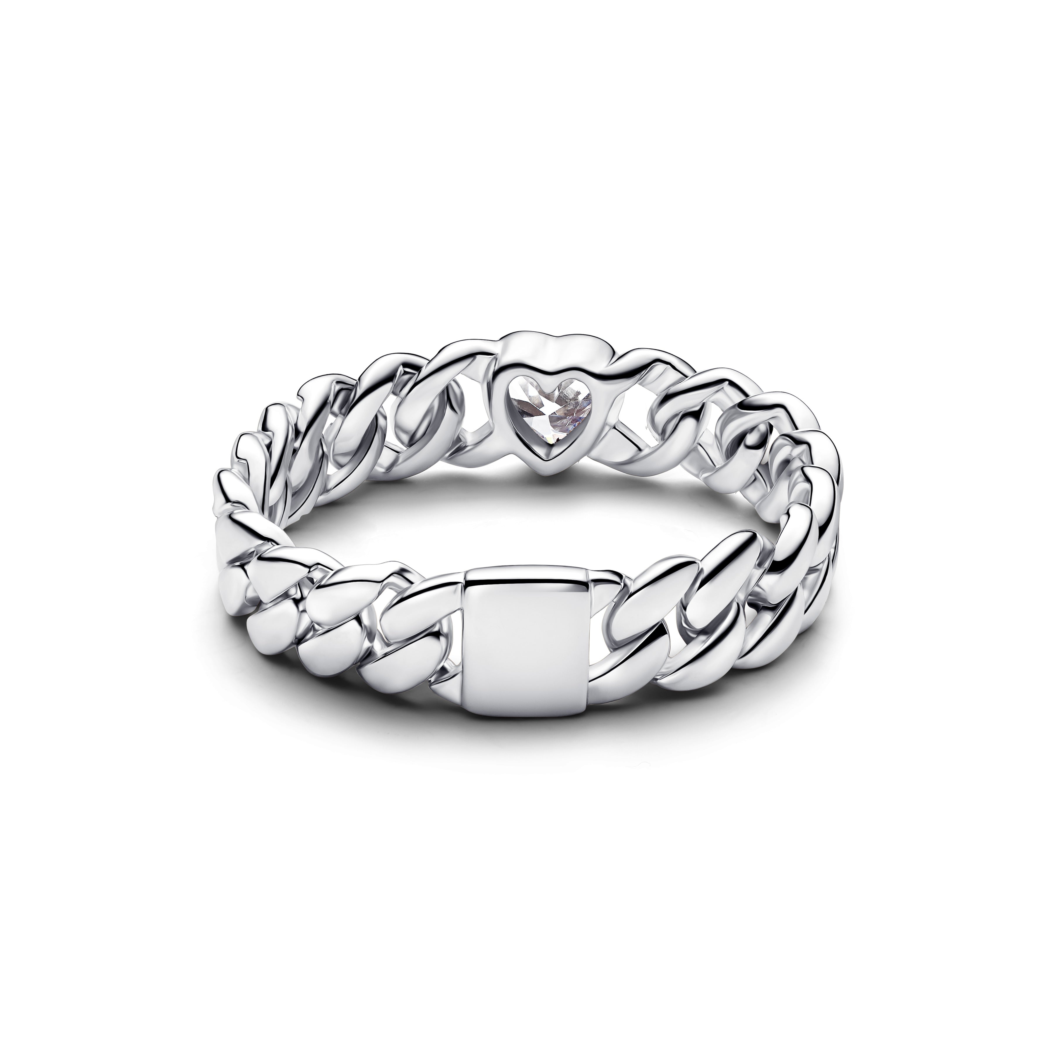Heart Cuban Chain Sterling Silver Ring With Clear Cubic Zirconia