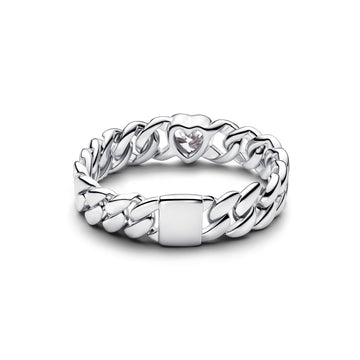 Heart Cuban Chain Sterling Silver Ring With Clear Cubic Zirconia