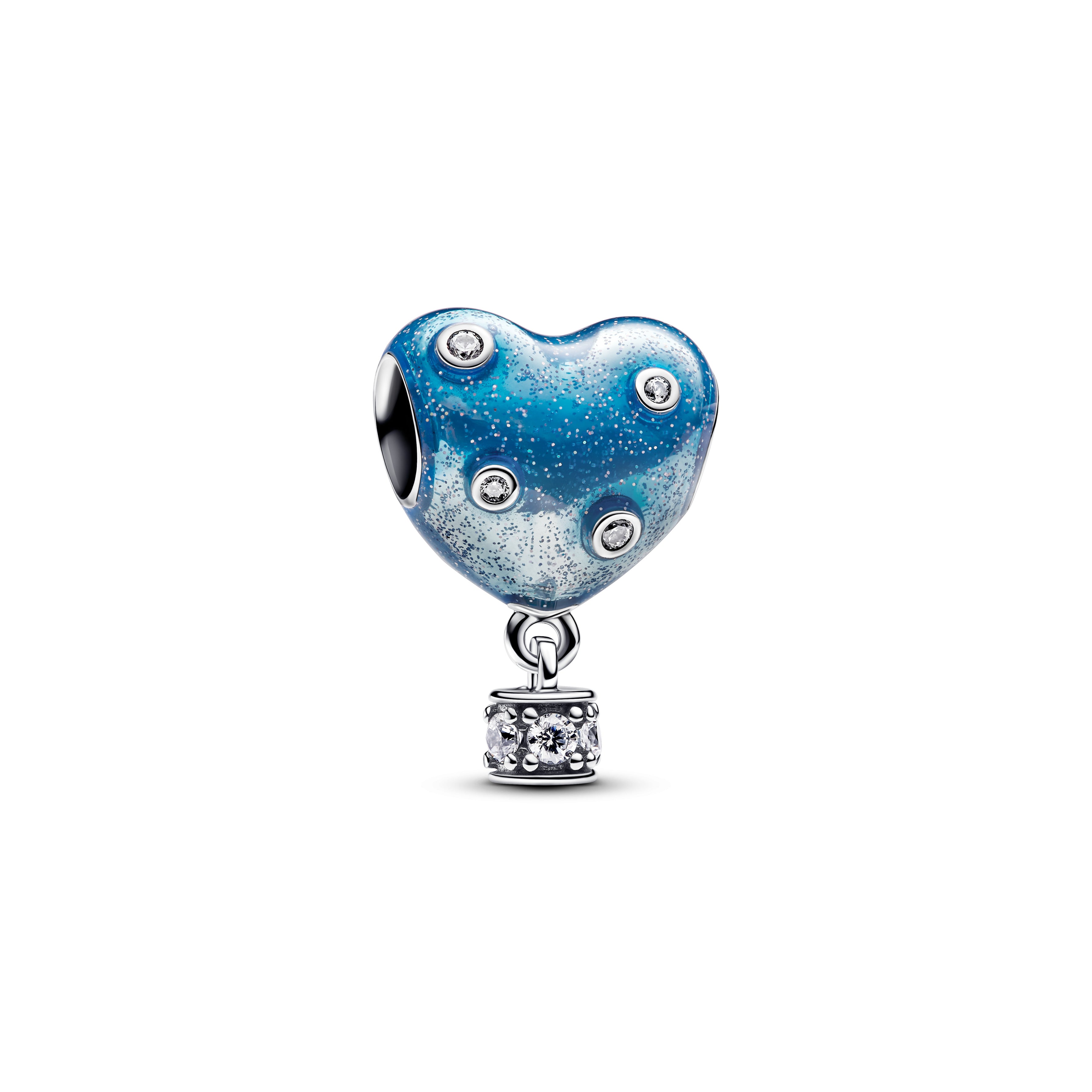 Heart Hot Air Balloon Sterling Silver Charm With Clear Cubic Zirconia And Shaded Glittery Blue Enamel