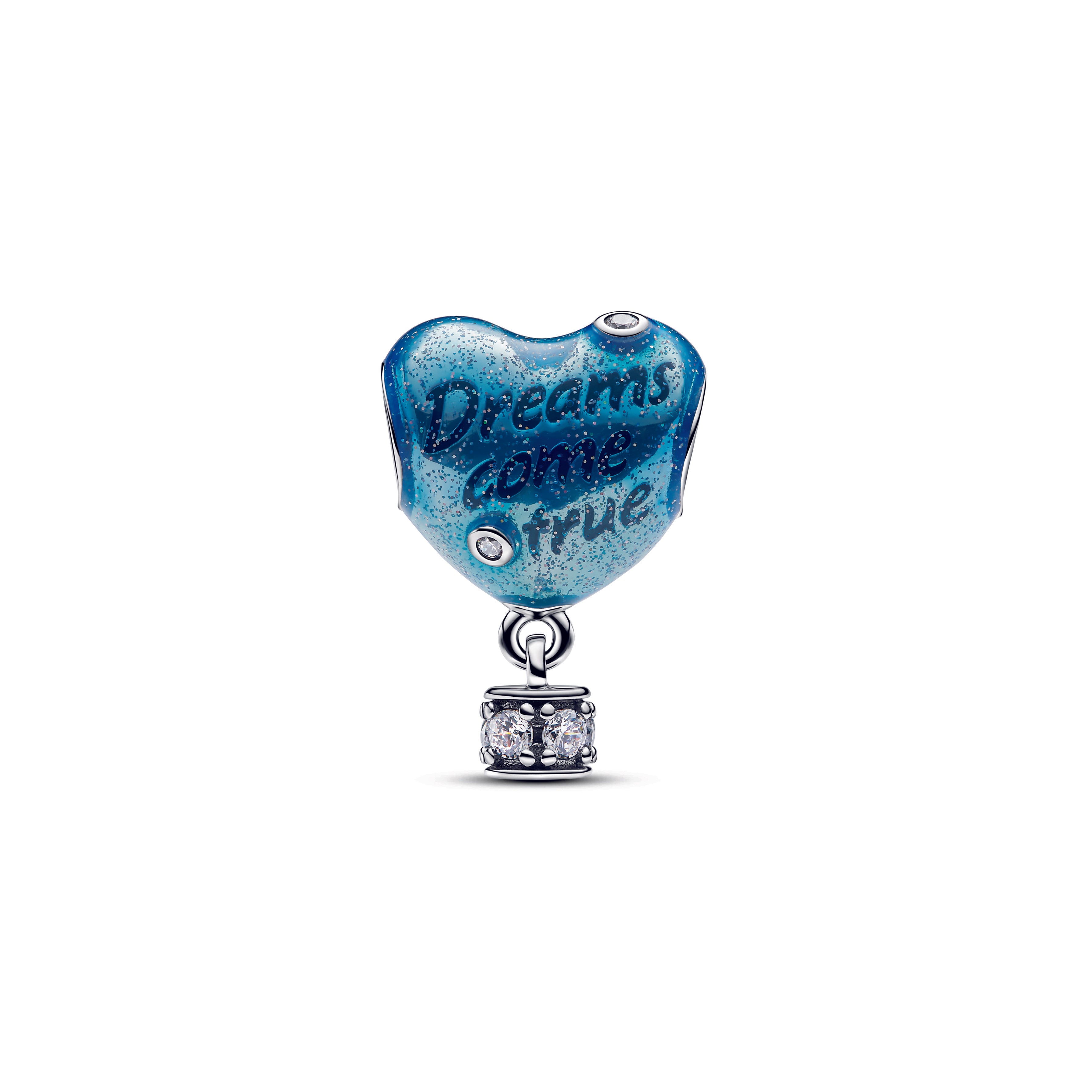 Heart Hot Air Balloon Sterling Silver Charm With Clear Cubic Zirconia And Shaded Glittery Blue Enamel