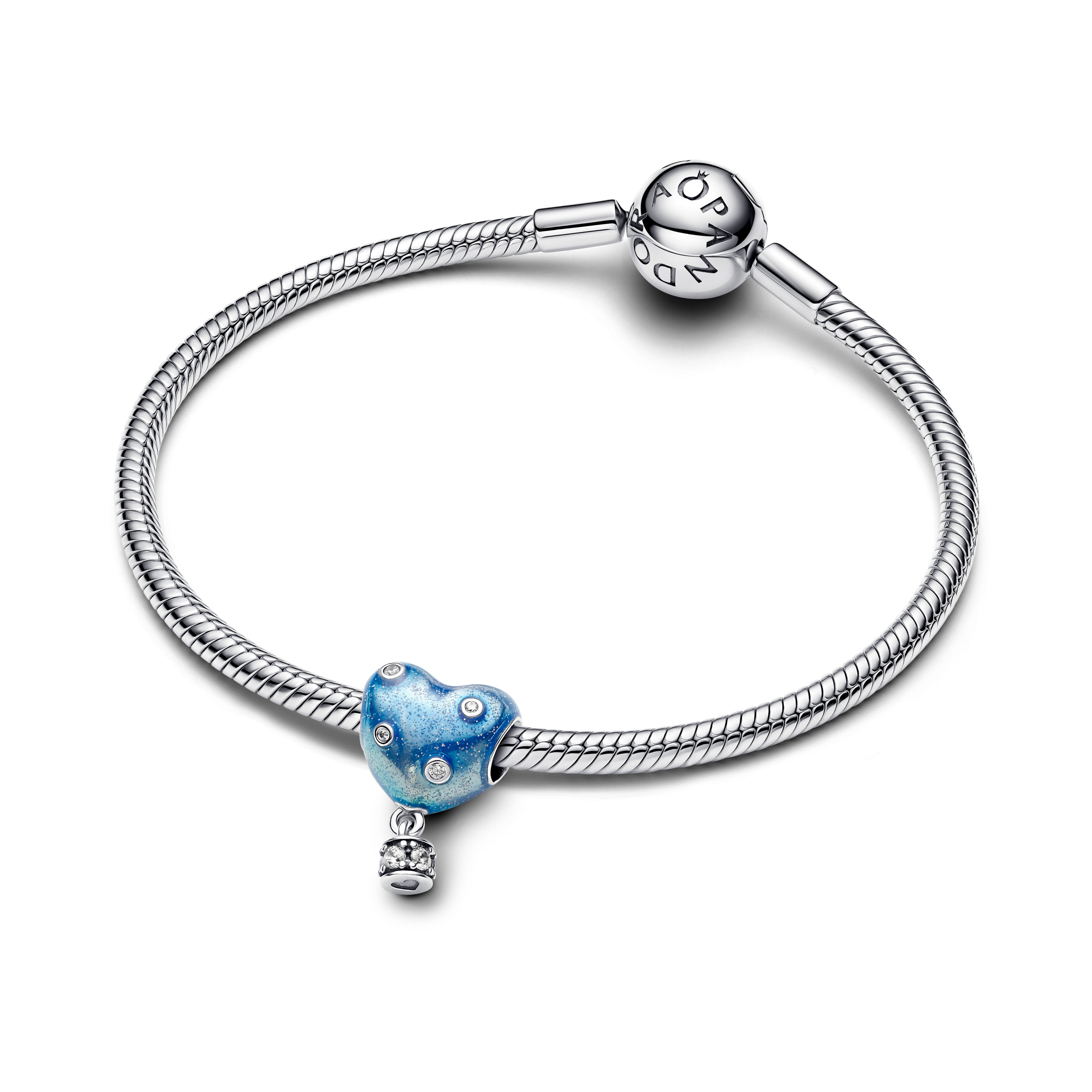 Heart Hot Air Balloon Sterling Silver Charm With Clear Cubic Zirconia And Shaded Glittery Blue Enamel
