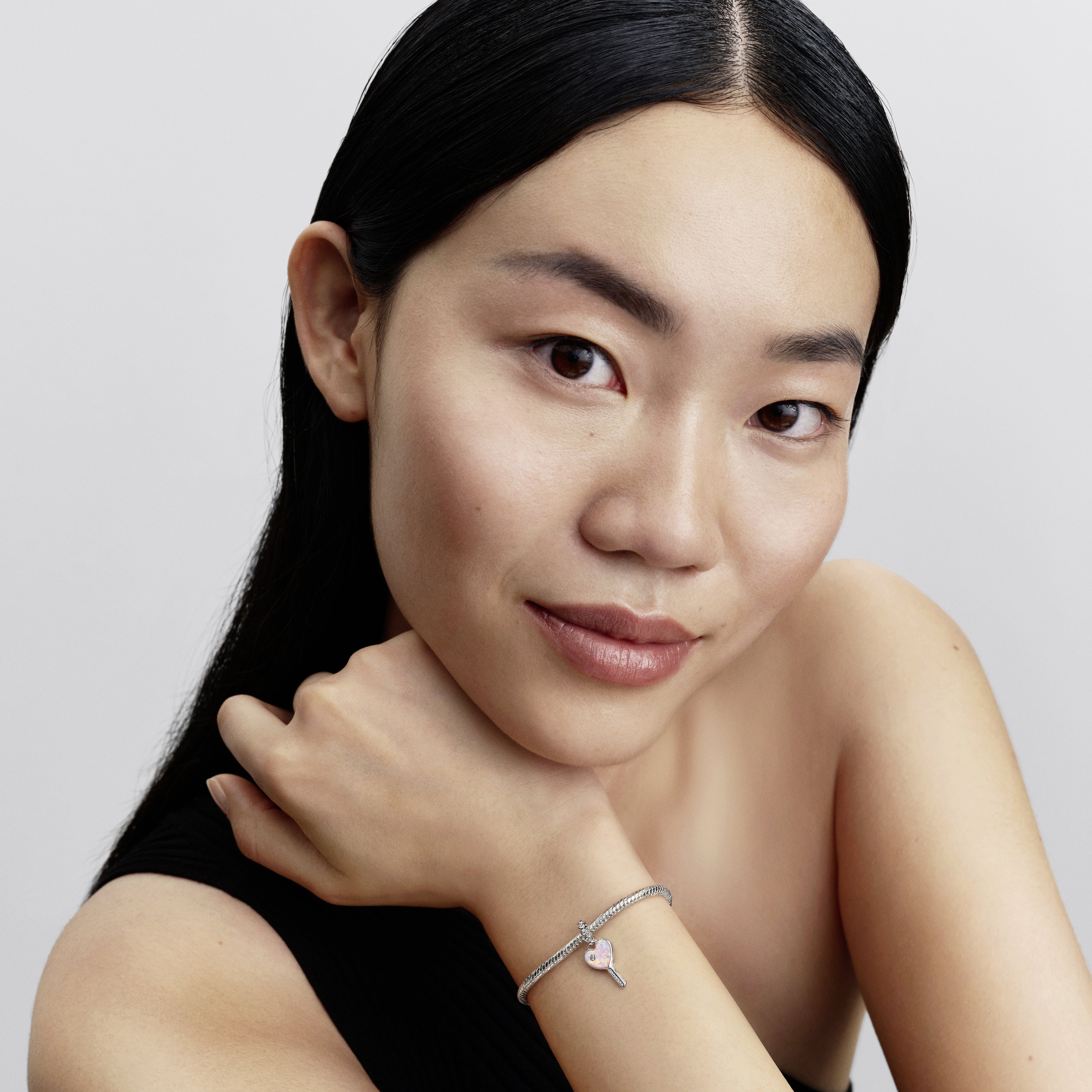 Heart Key Sterling Silver Dangle With Clear Cubic Zirconia And Lab-Created Pink Opal