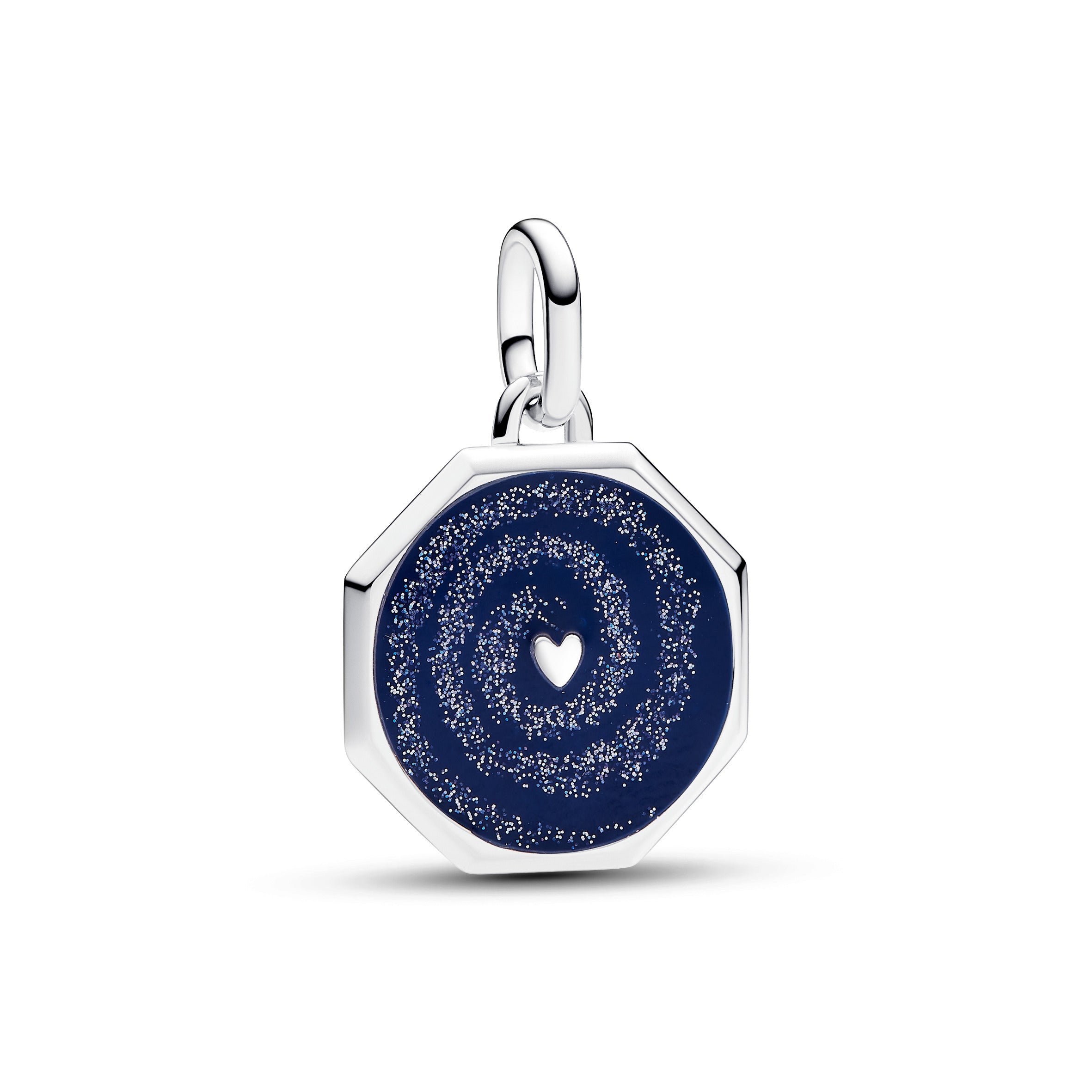 Heart Octagon Sterling Silver Medallion With Glittery And Blue Enamel