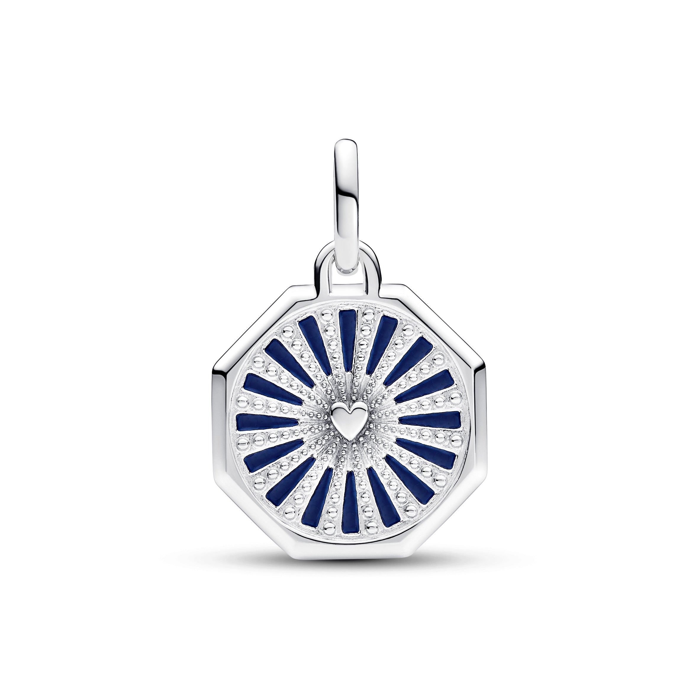 Heart Octagon Sterling Silver Medallion With Glittery And Blue Enamel