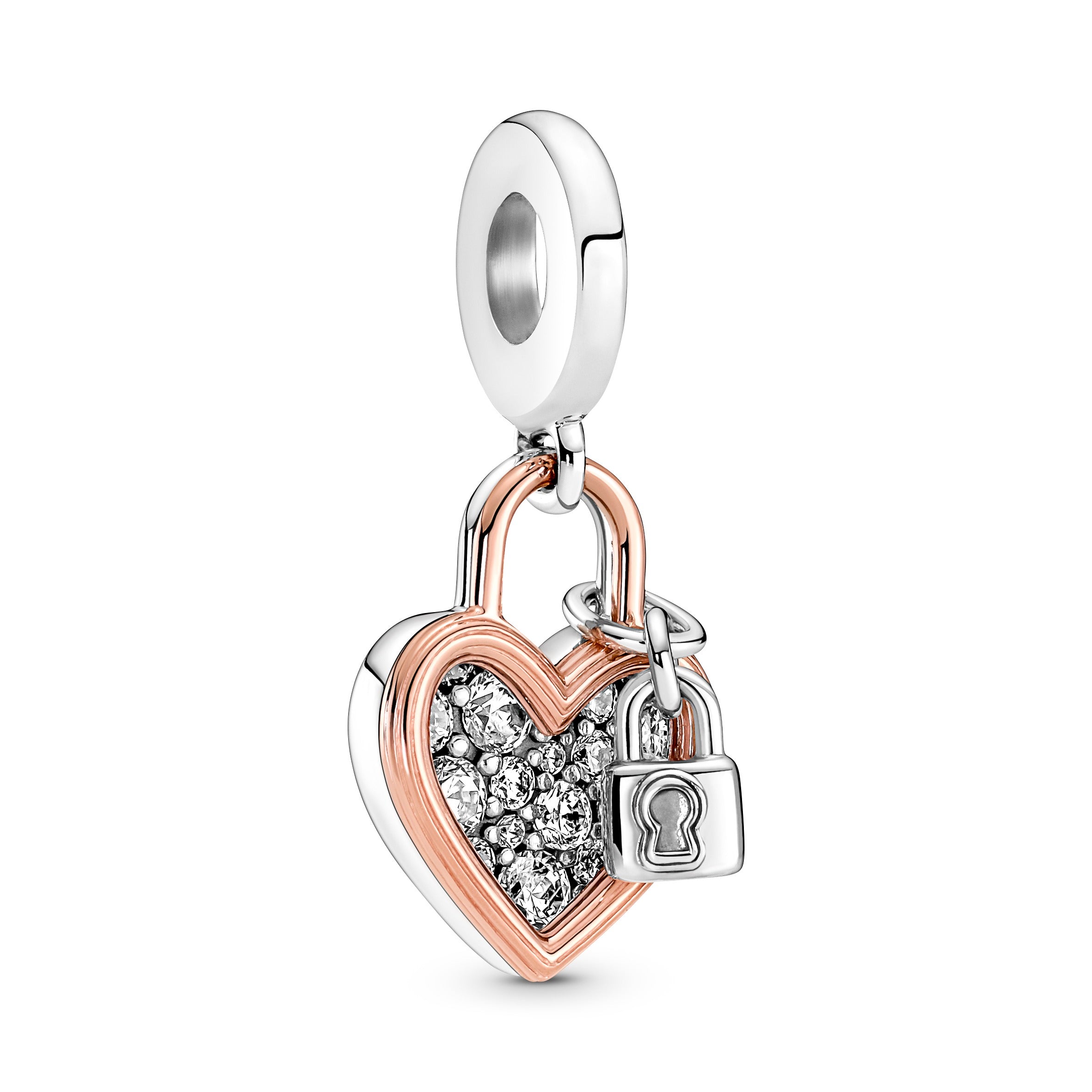 Heart Padlock Sterling Silver And 14K Rose Gold-Plated Double Dangle With Clear Cubic Zirconia