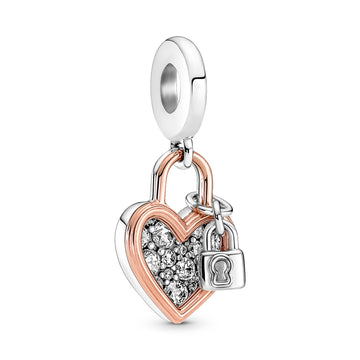 Heart Padlock Sterling Silver And 14K Rose Gold-Plated Double Dangle With Clear Cubic Zirconia