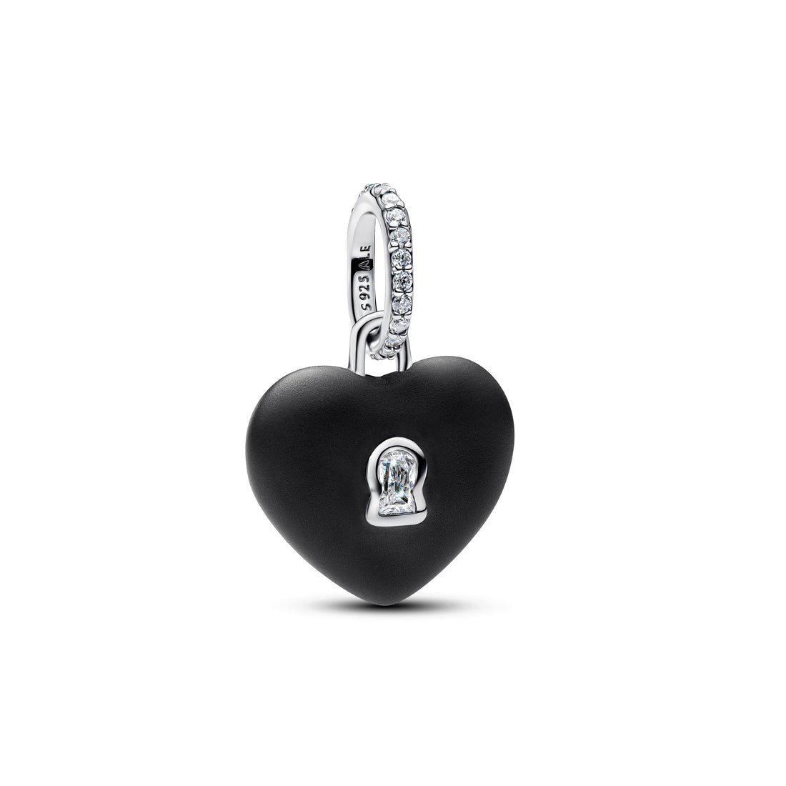 Heart Padlock Sterling Silver Dangle With Black Ceramic And Clear Cubic Zirconia
