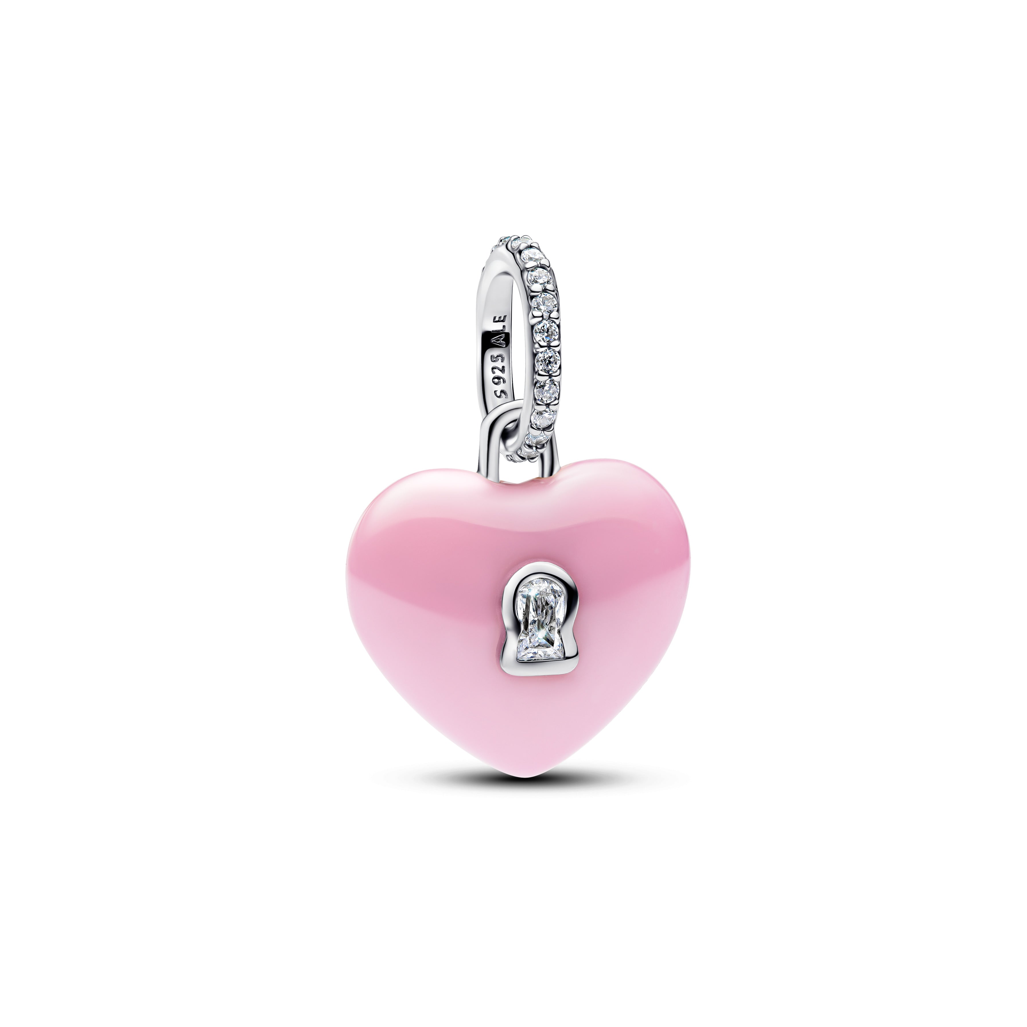 Heart Padlock Sterling Silver Dangle With Pink Ceramic And Clear Cubic Zirconia