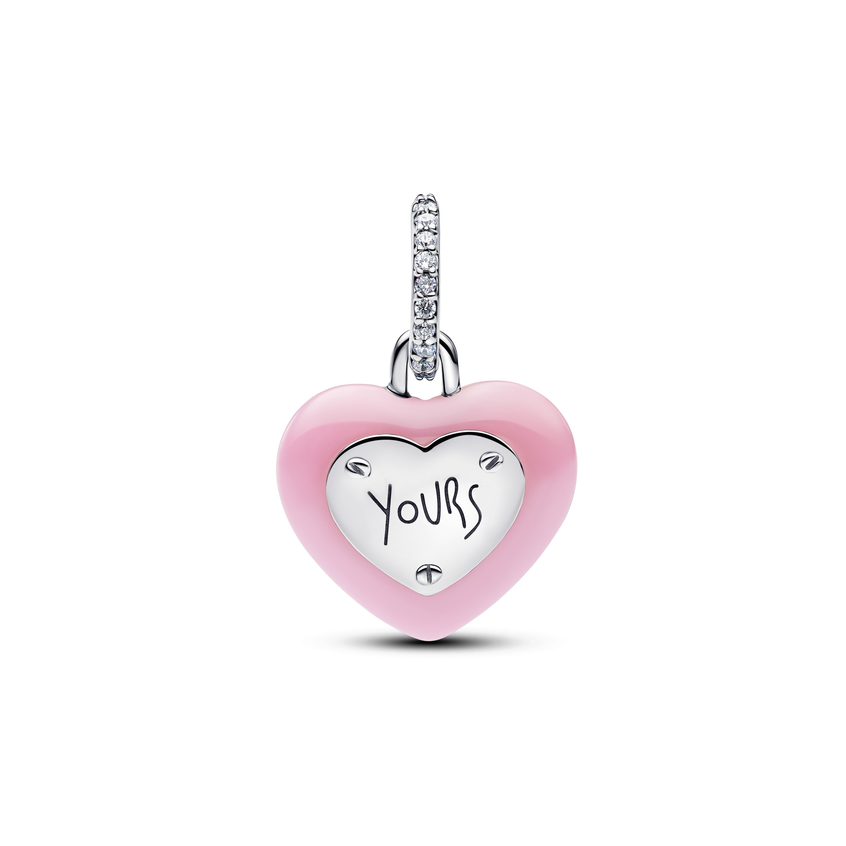 Heart Padlock Sterling Silver Dangle With Pink Ceramic And Clear Cubic Zirconia