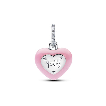 Heart Padlock Sterling Silver Dangle With Pink Ceramic And Clear Cubic Zirconia