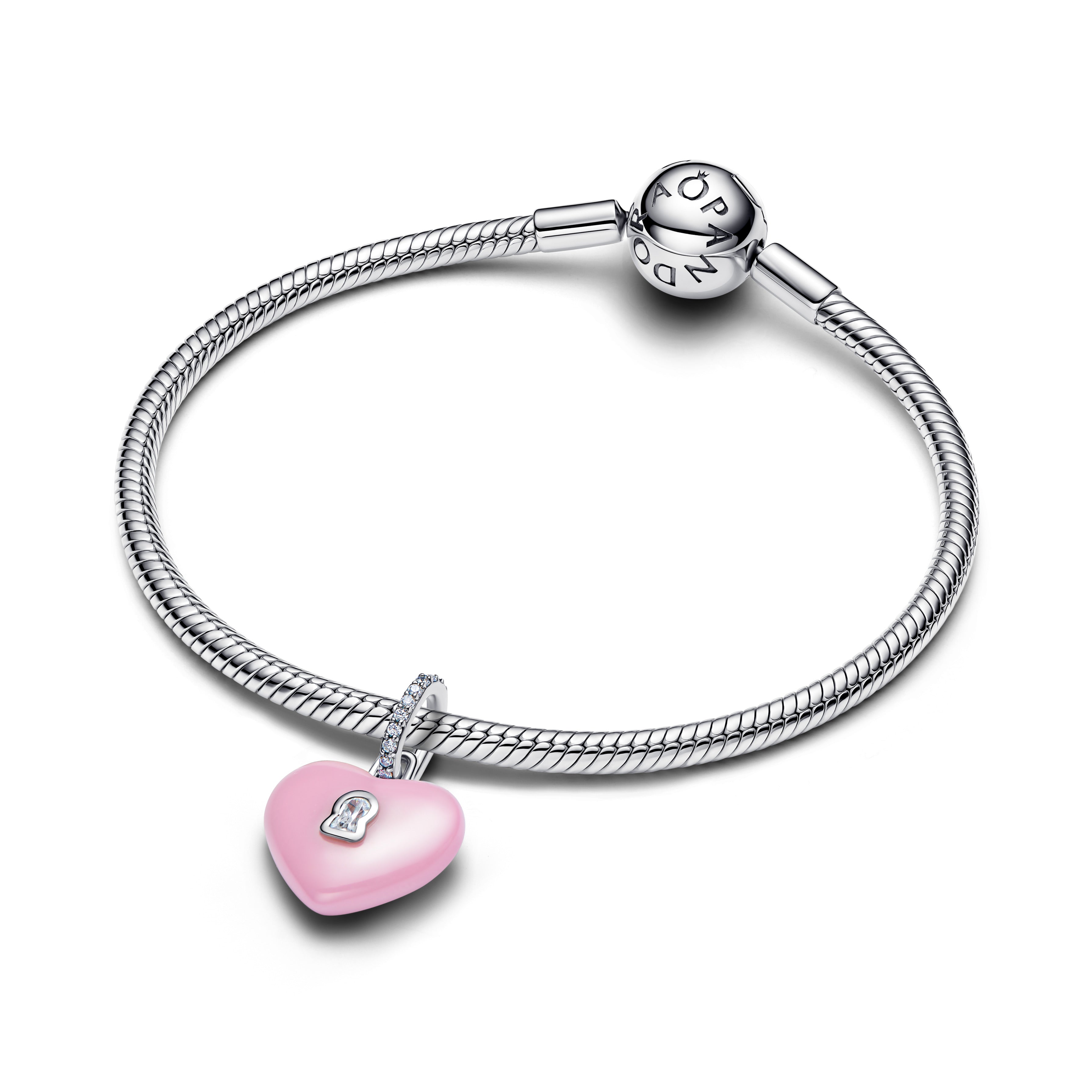 Heart Padlock Sterling Silver Dangle With Pink Ceramic And Clear Cubic Zirconia