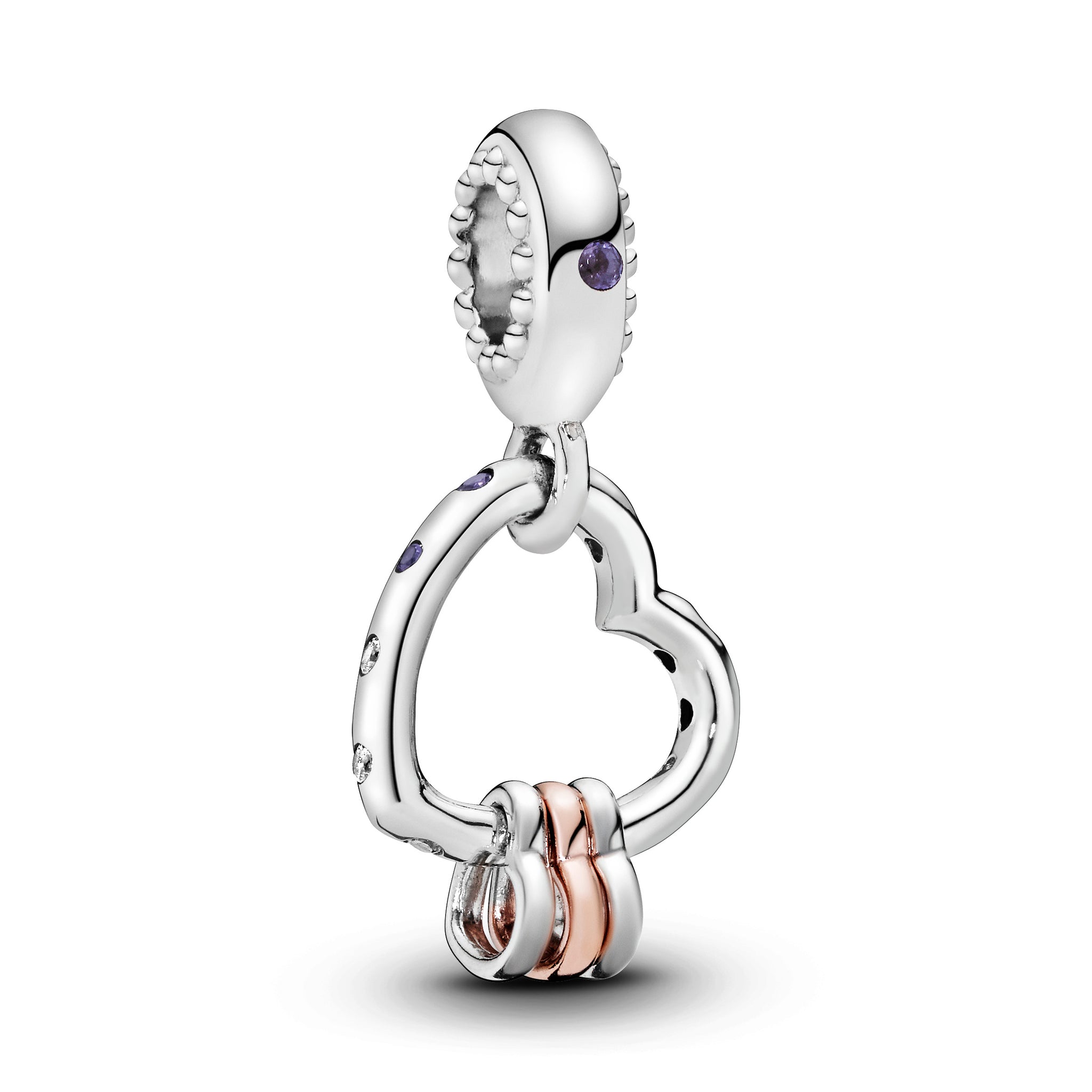 Heart Silver And 14K Rose Gold-Plated Dangle With Lilac Crystal, Royal Purple Crystal And Clear Cubic Zirconia