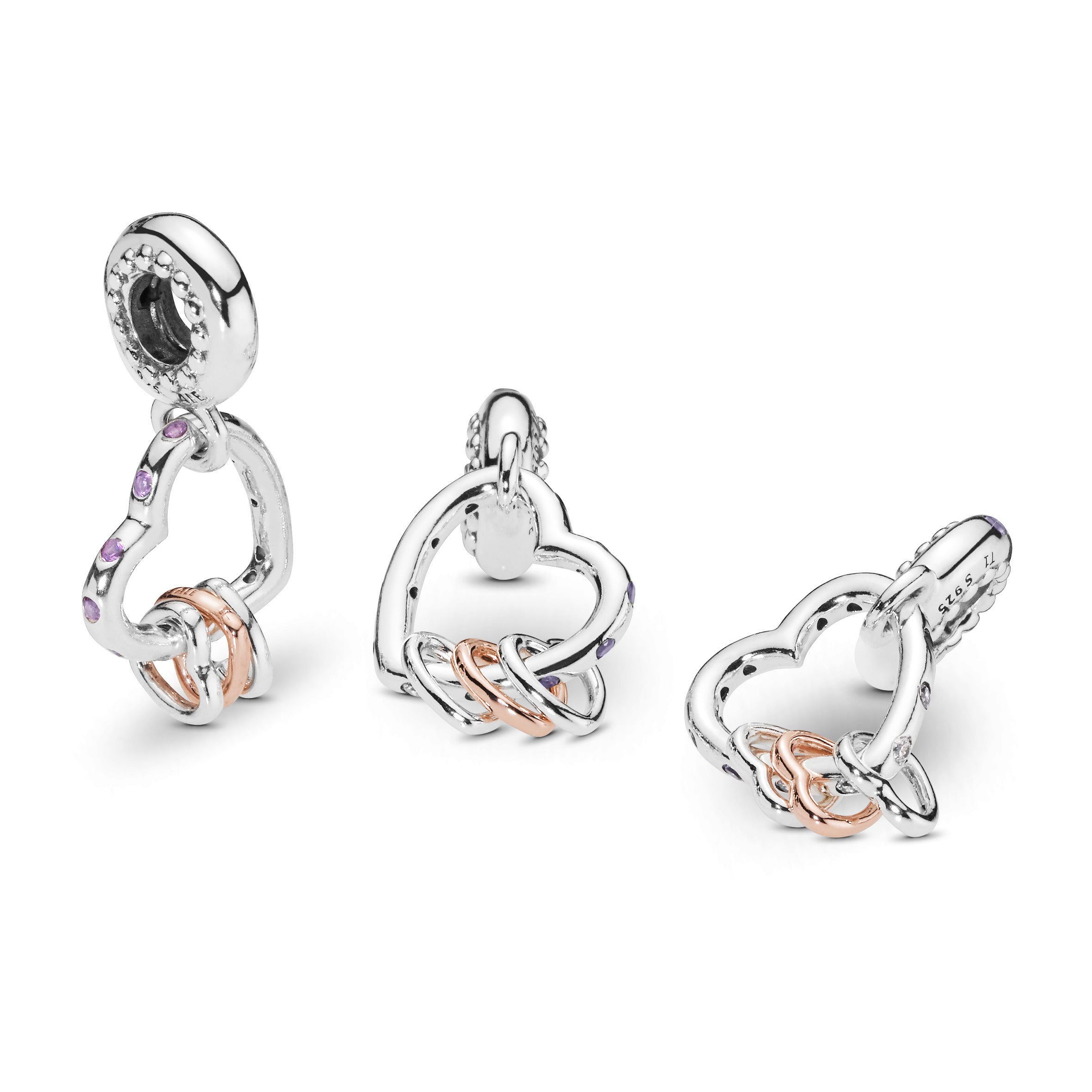 Heart Silver And 14K Rose Gold-Plated Dangle With Lilac Crystal, Royal Purple Crystal And Clear Cubic Zirconia