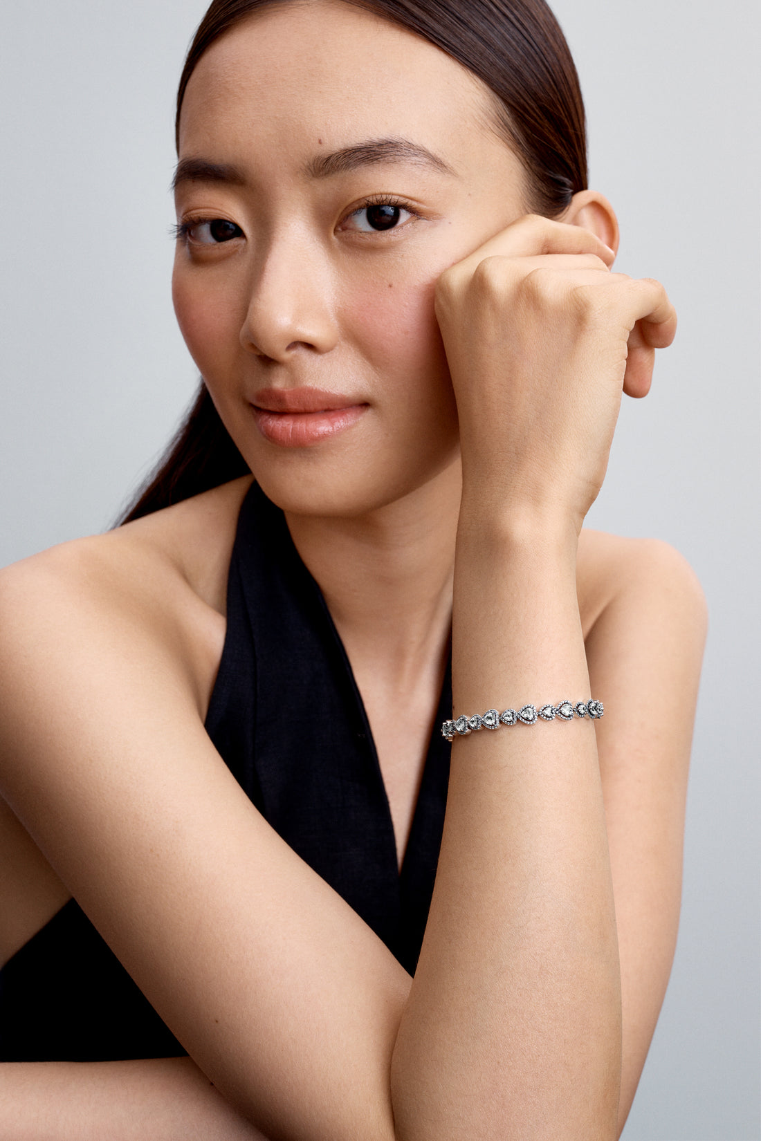 Hearts Sterling Silver Bracelet With Clear Cubic Zirconia