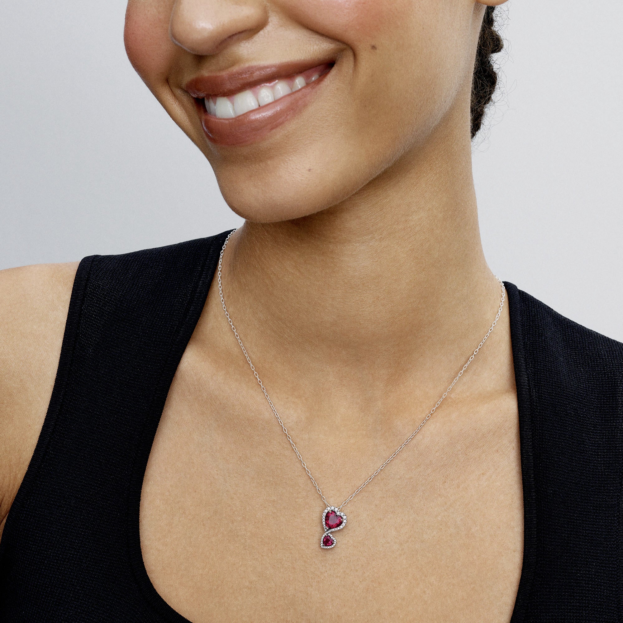 Hearts Sterling Silver Pendant Necklace With Cherries Jubilee Red Crystal And Clear Cubic Zirconia