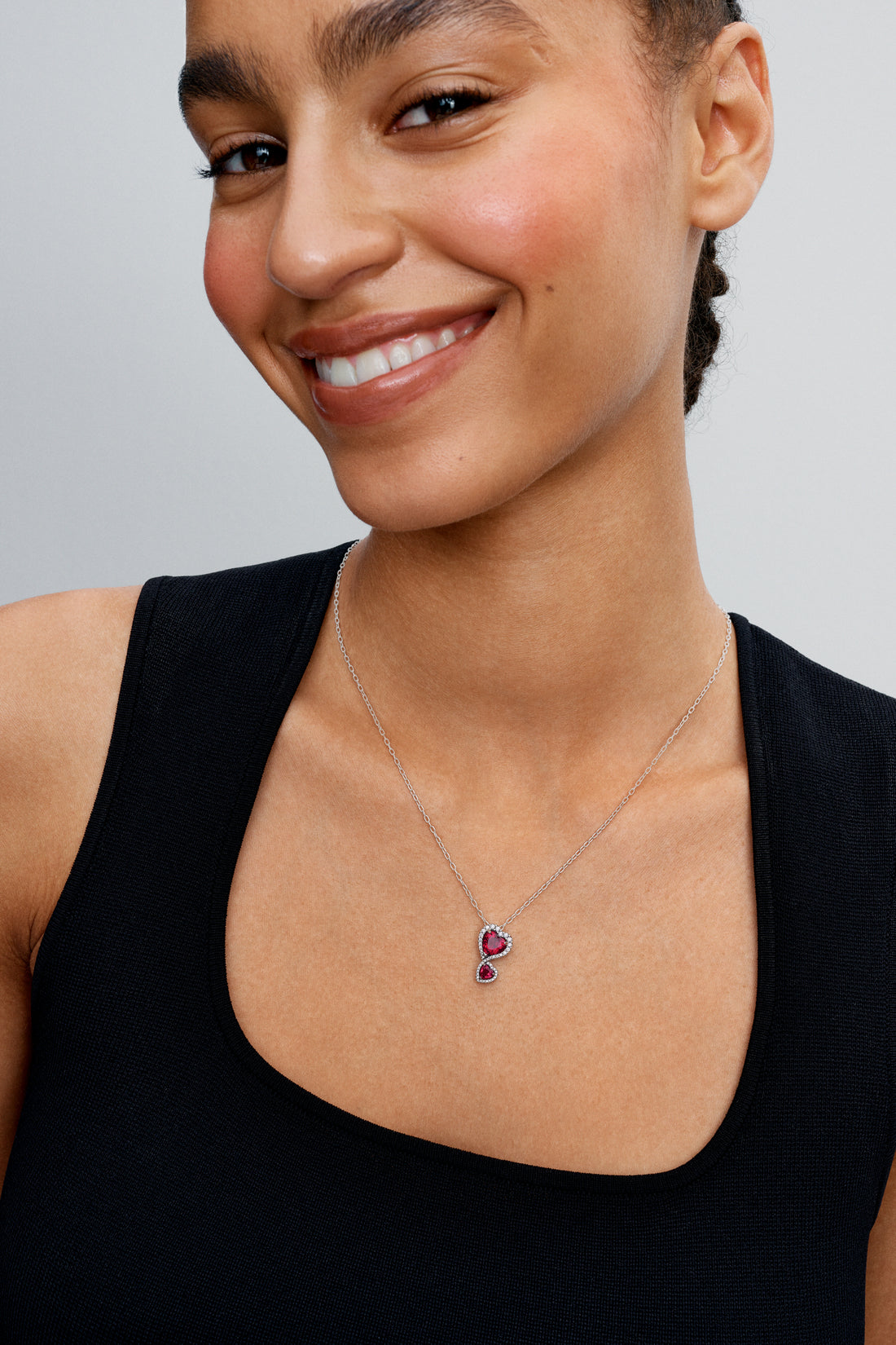 Hearts Sterling Silver Pendant Necklace With Cherries Jubilee Red Crystal And Clear Cubic Zirconia