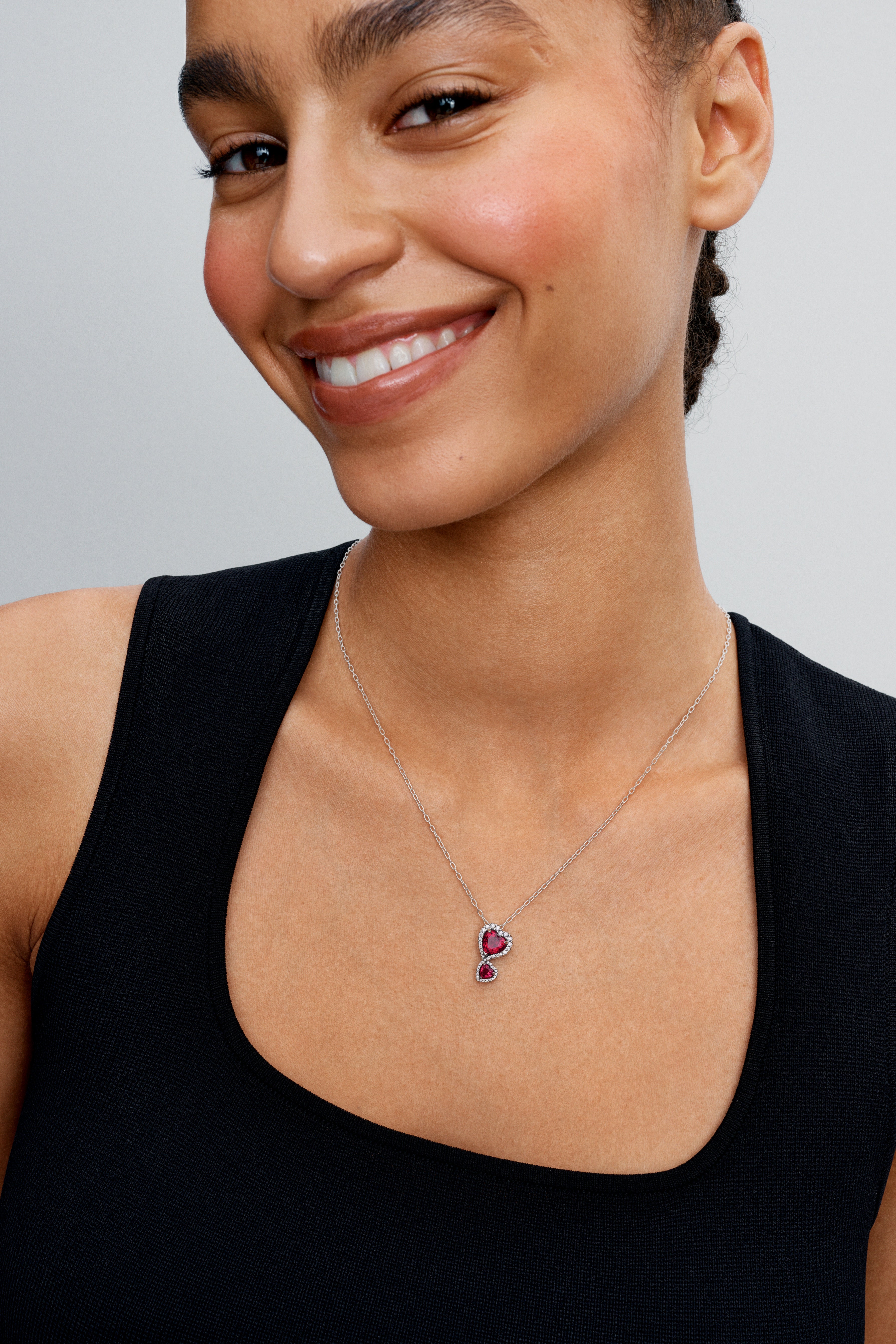 Hearts Sterling Silver Pendant Necklace With Cherries Jubilee Red Crystal And Clear Cubic Zirconia