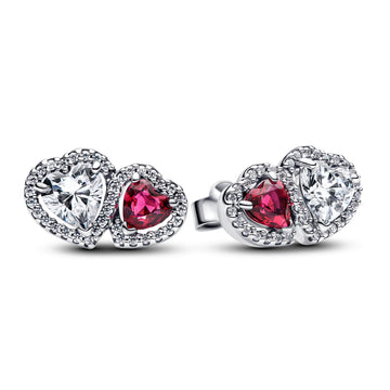 Hearts Sterling Silver Stud Earrings With Cherries Jubilee Red Crystal And Clear Cubic Zirconia