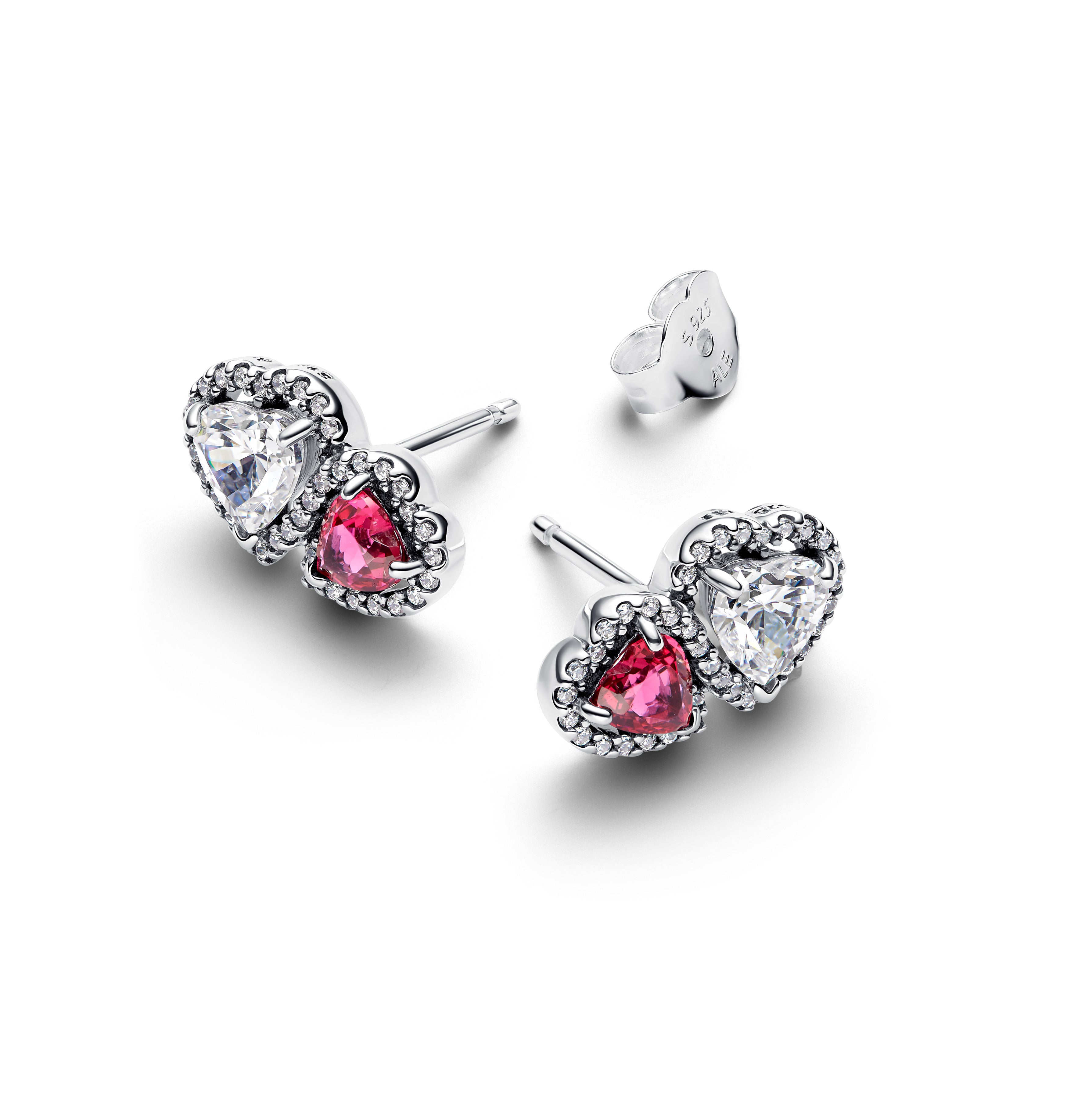 Hearts Sterling Silver Stud Earrings With Cherries Jubilee Red Crystal And Clear Cubic Zirconia