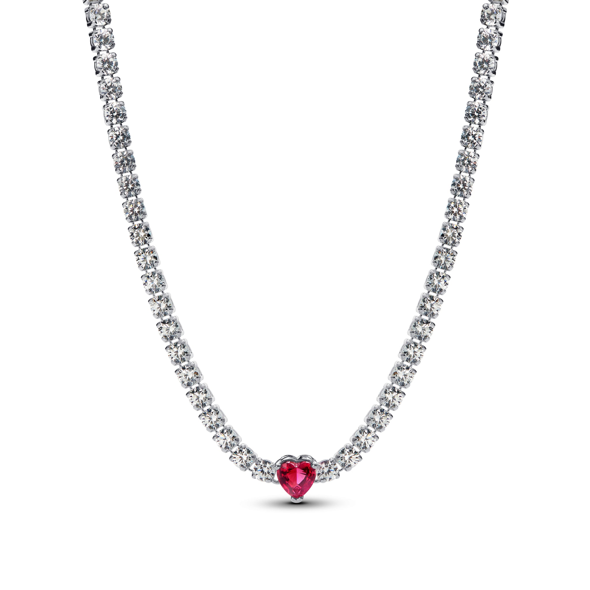 Heart Sterling Silver Choker Necklace With Cherries Jubilee Red Crystal And Clear Cubic Zirconia
