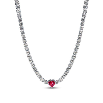 Heart Sterling Silver Choker Necklace With Cherries Jubilee Red Crystal And Clear Cubic Zirconia