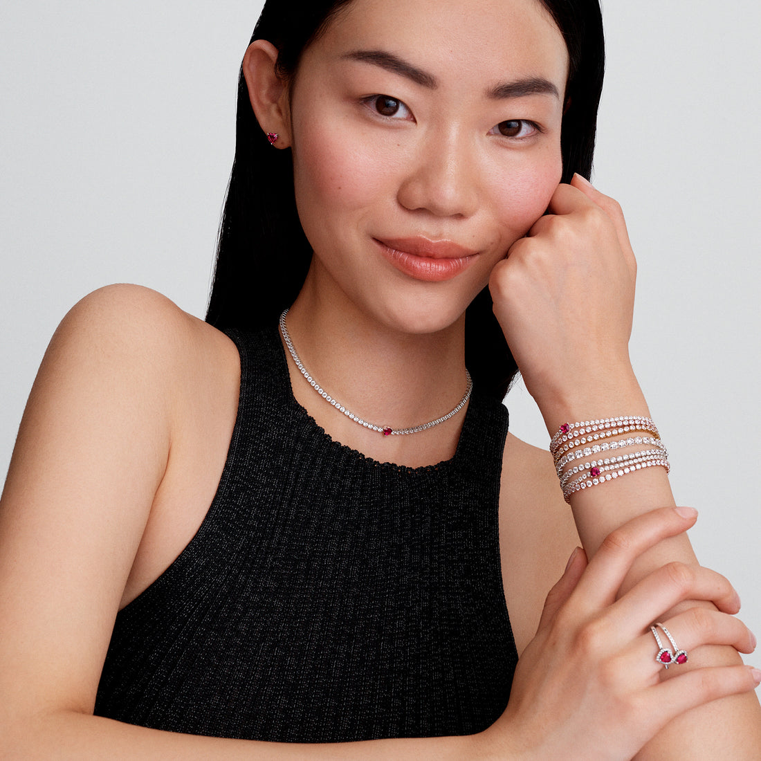 Heart Sterling Silver Choker Necklace With Cherries Jubilee Red Crystal And Clear Cubic Zirconia