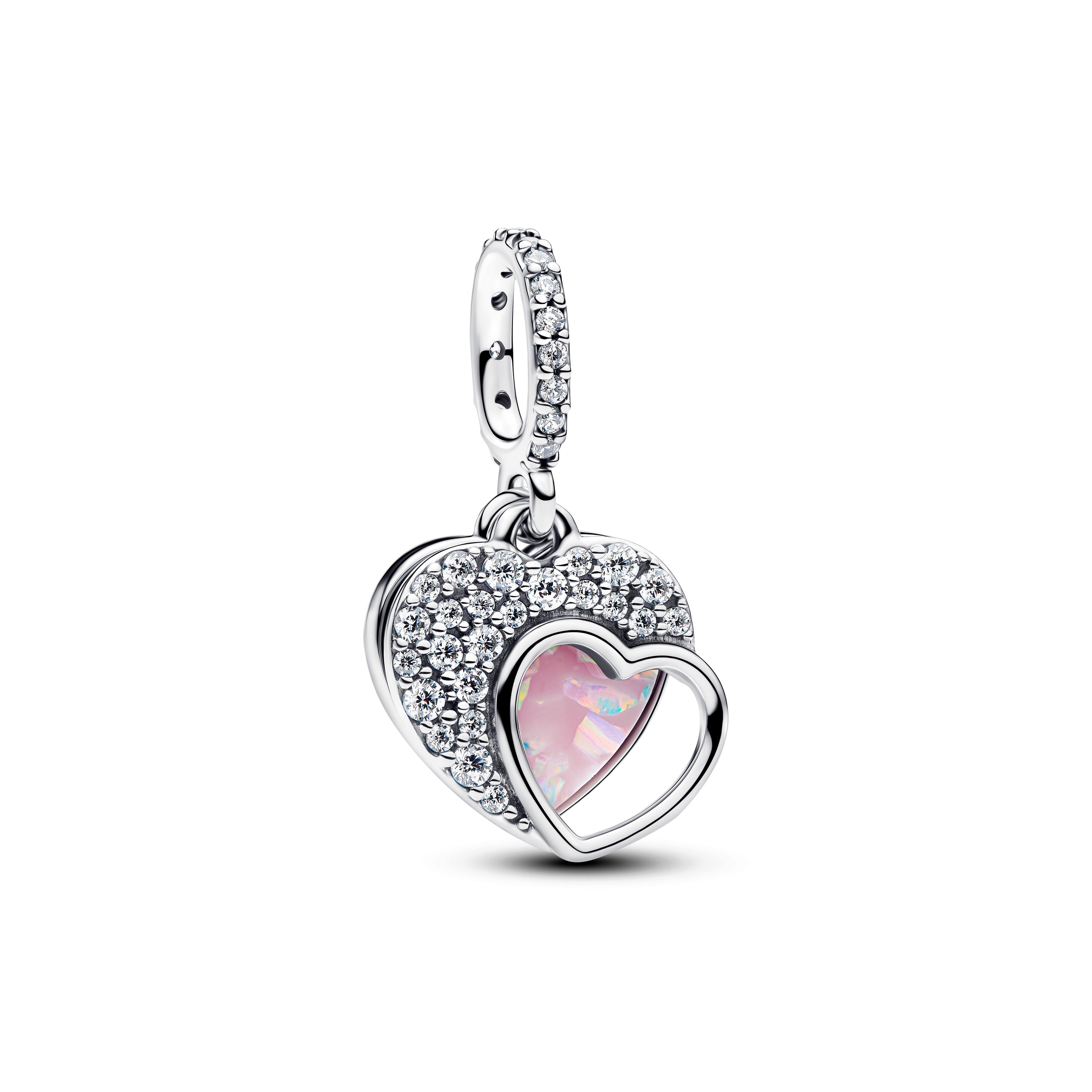 Heart Sterling Silver Double Dangle With Clear Cubic Zirconia And Pink Mosaic Lab-Created Opal And Resin