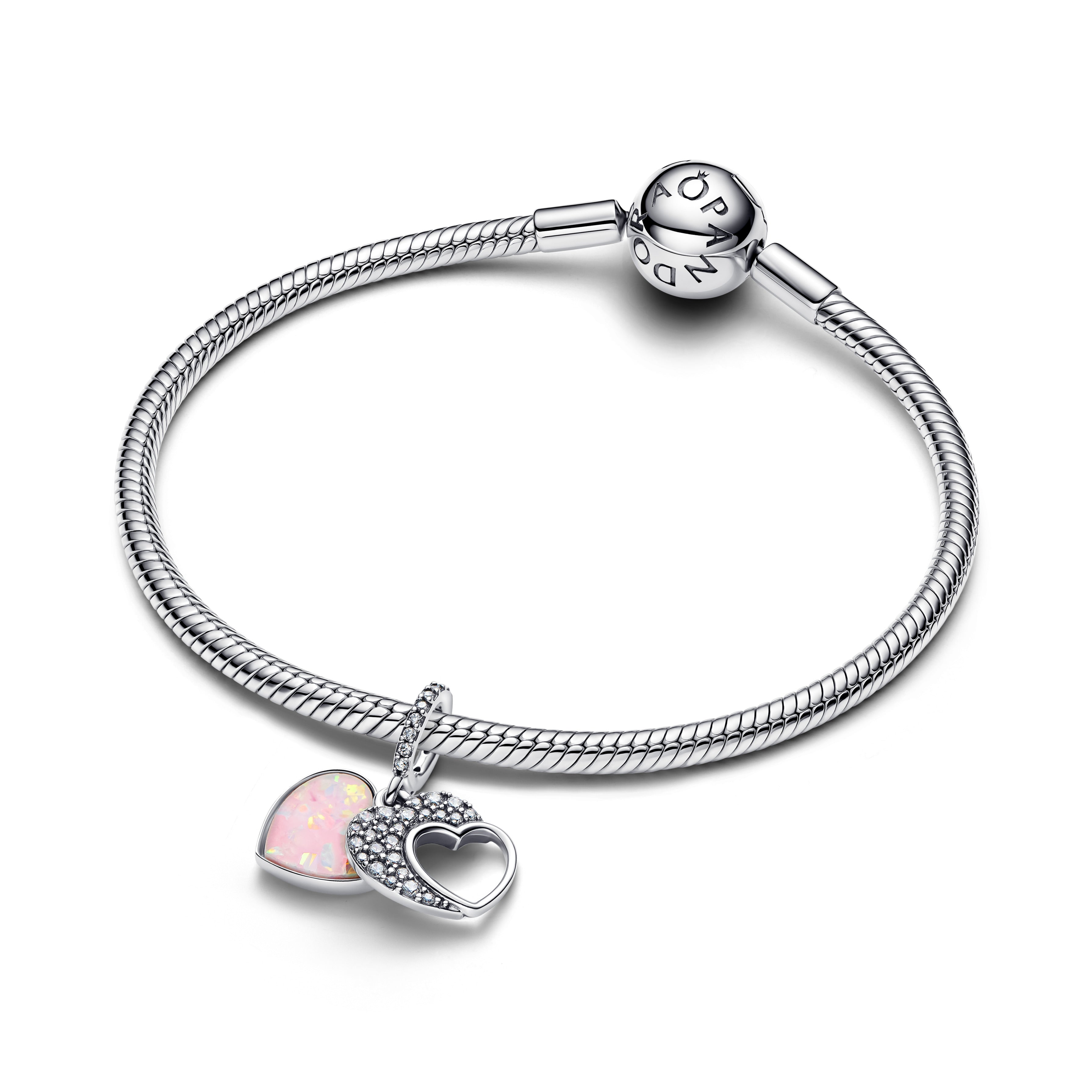 Heart Sterling Silver Double Dangle With Clear Cubic Zirconia And Pink Mosaic Lab-Created Opal And Resin