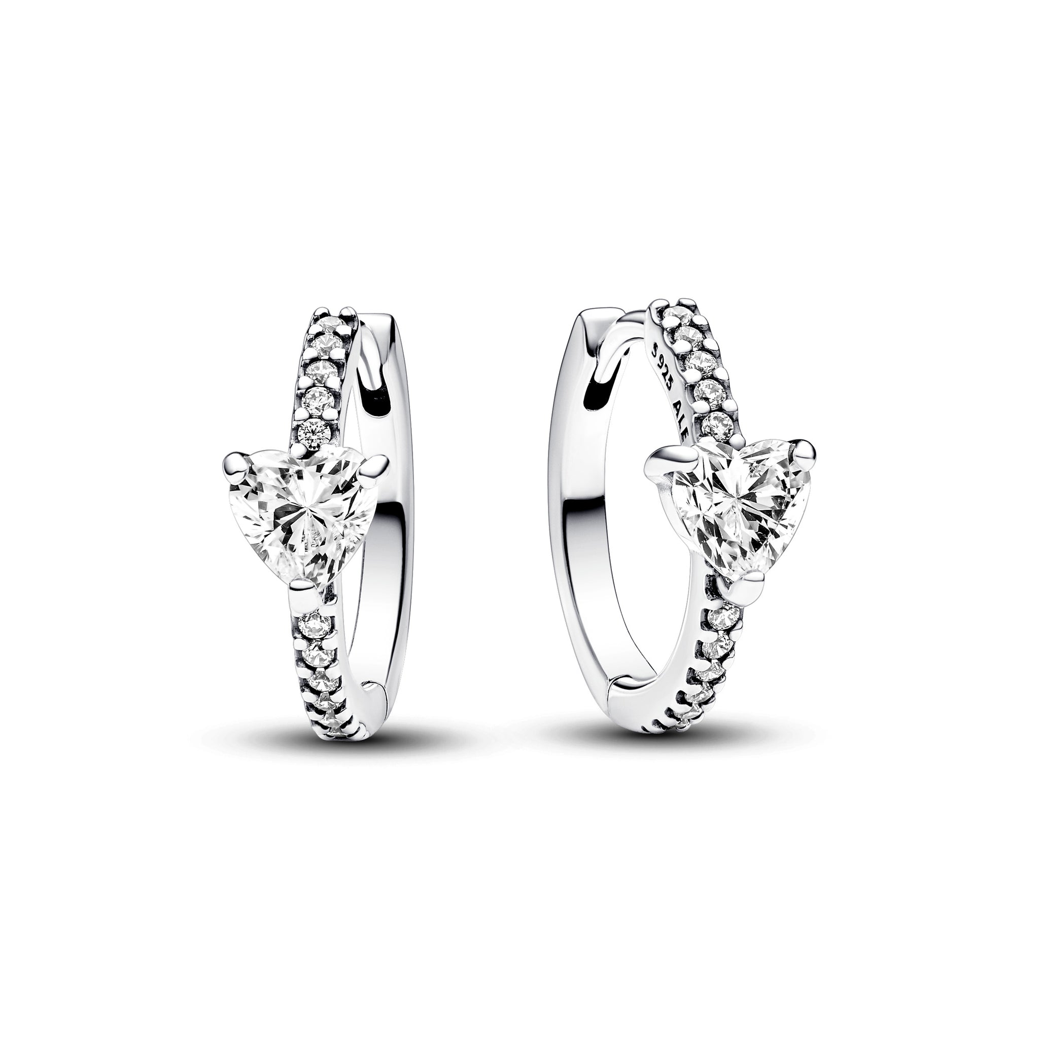Heart Sterling Silver Hoop Earrings With Clear Cubic Zirconia