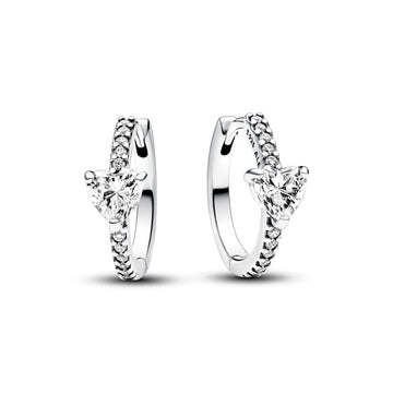 Heart Sterling Silver Hoop Earrings With Clear Cubic Zirconia