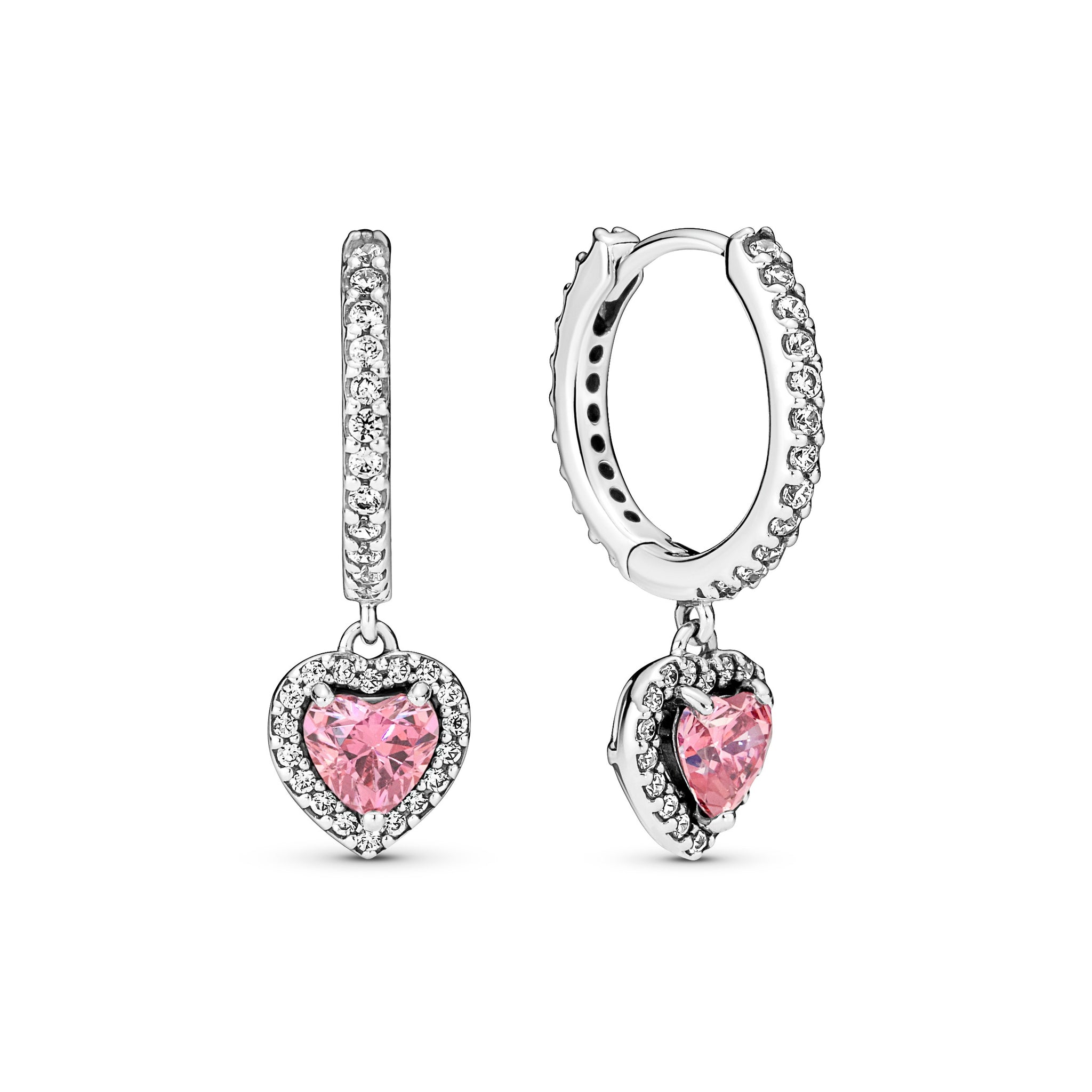 Heart Sterling Silver Hoop Earrings With Fancy Pink And Clear Cubic Zirconia
