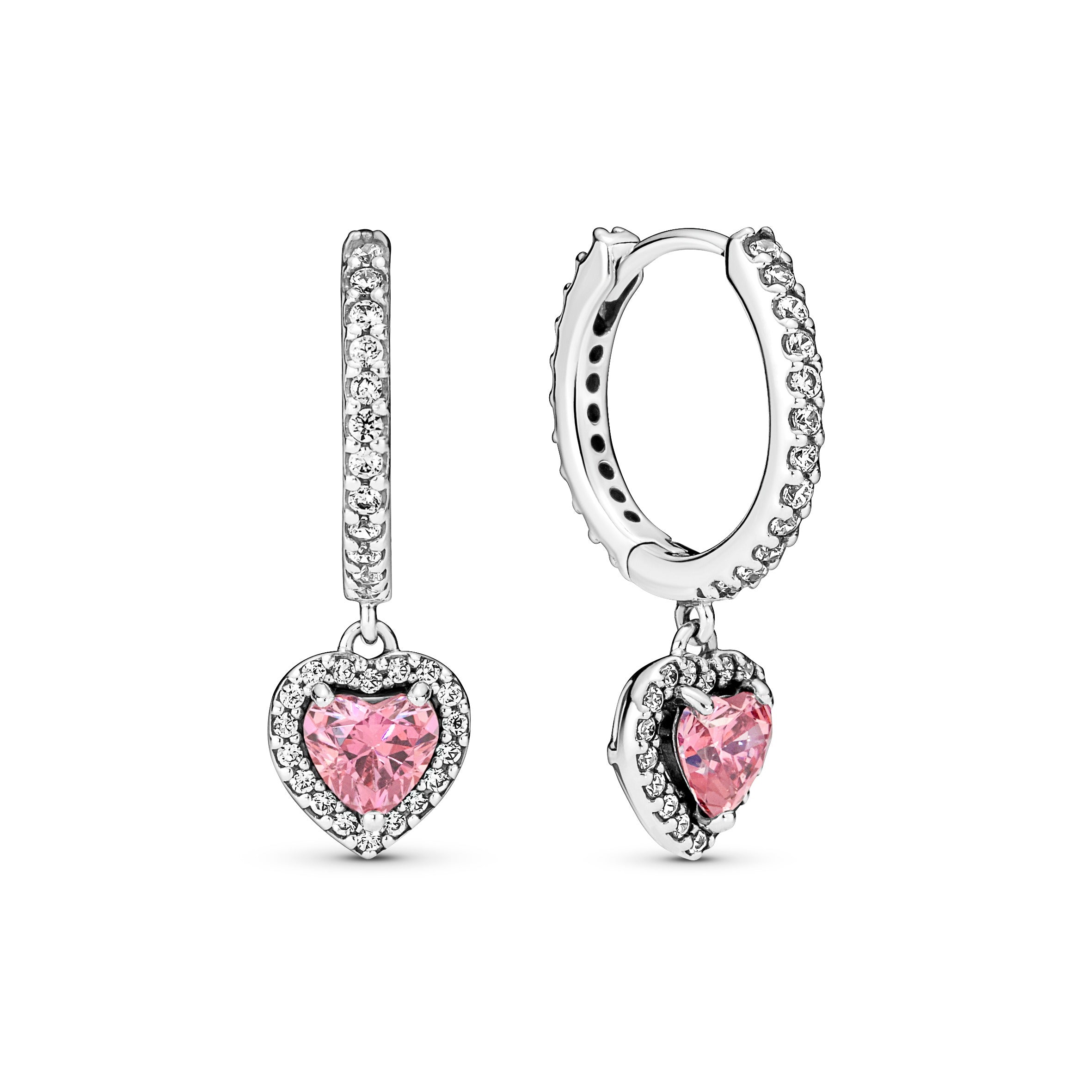 Heart Sterling Silver Hoop Earrings With Fancy Pink And Clear Cubic Zirconia