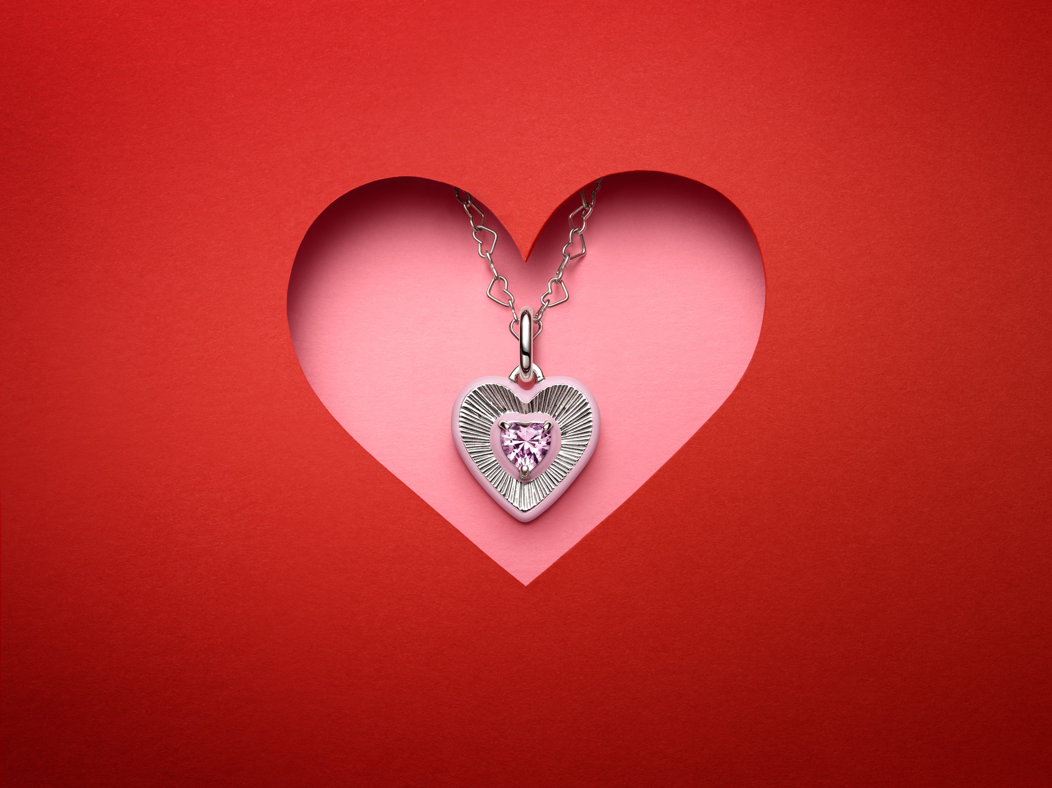 Heart Sterling Silver Medallion With Orchid Pink Crystal And Pink Enamel
