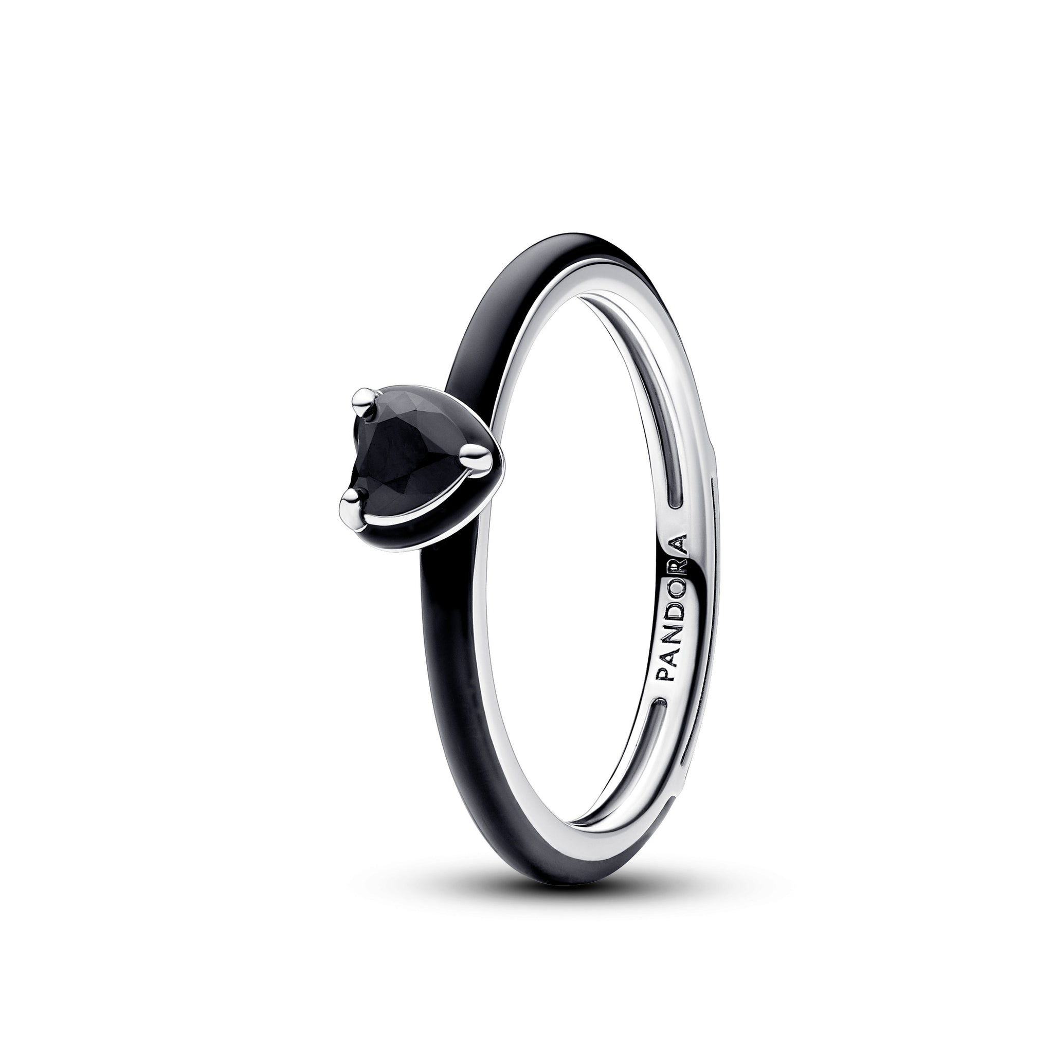 Heart Sterling Silver Ring With Black Crystal And Black Enamel