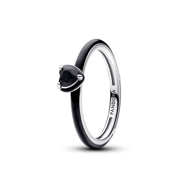 Heart Sterling Silver Ring With Black Crystal And Black Enamel