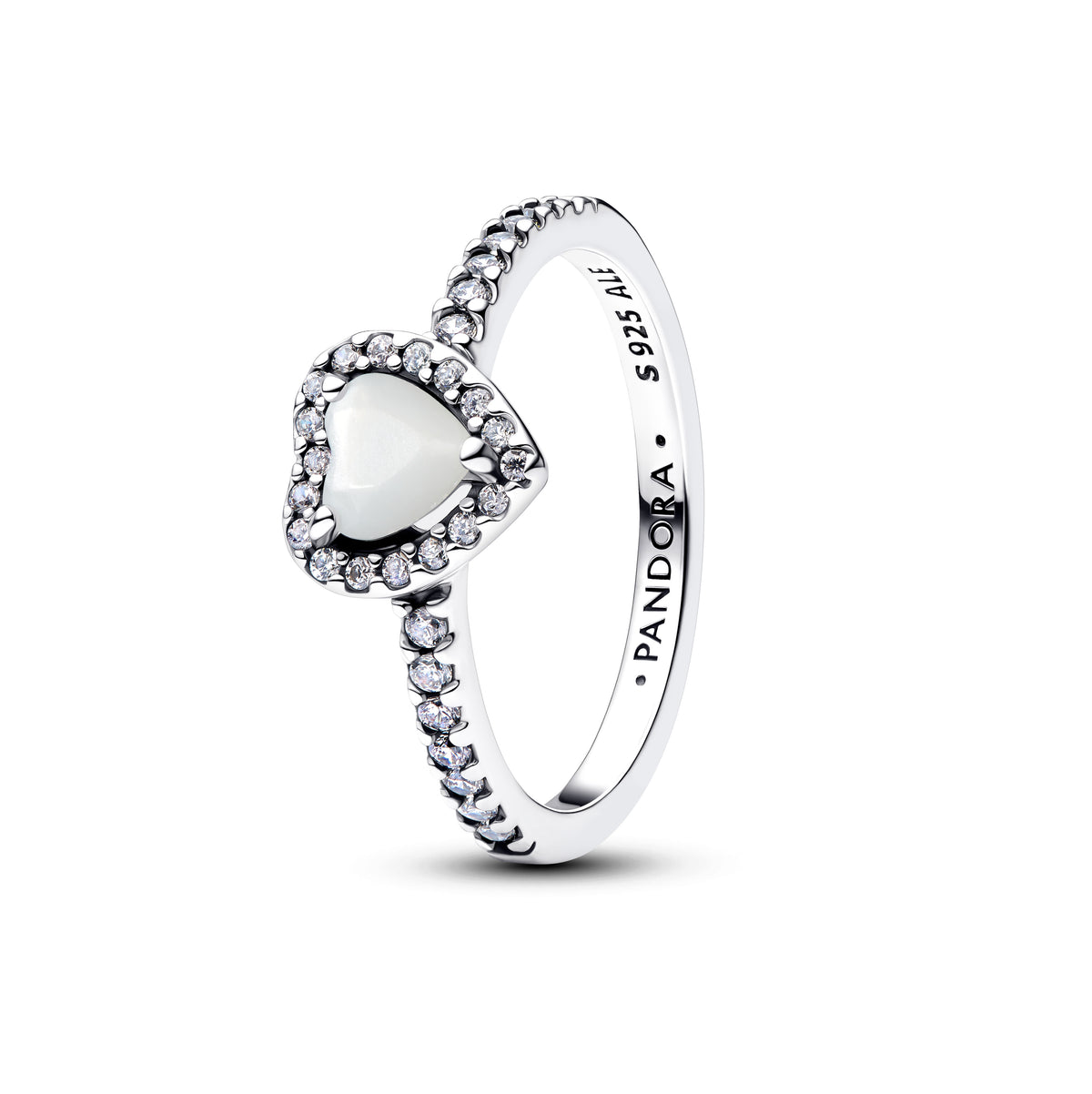 Heart Sterling Silver Ring With White Bioresin Man-Made Mother Of Pearl  And Clear Cubic Zirconia