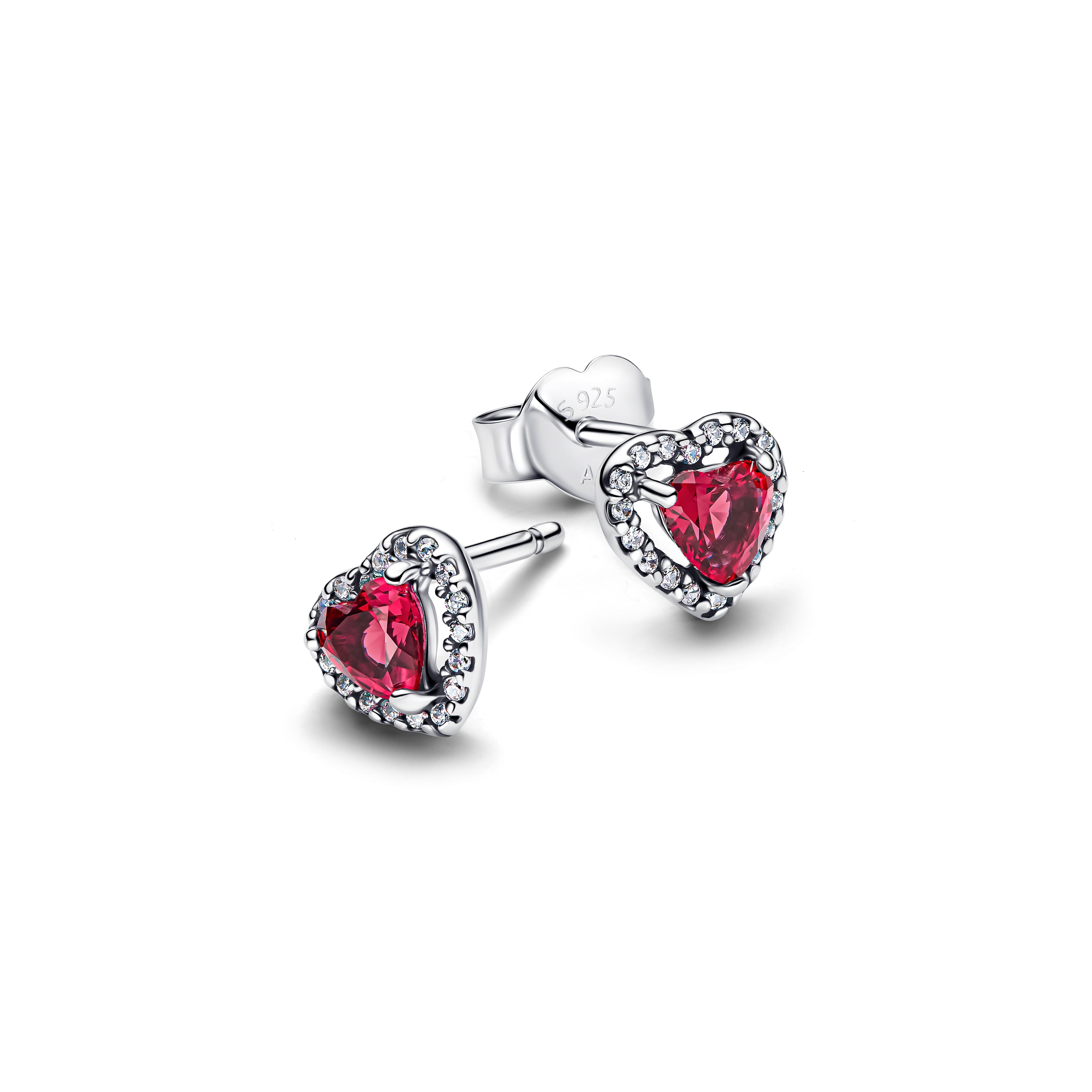 Heart Sterling Silver Stud Earrings With Cherries Jubilee Red Crystal And Clear Cubic Zirconia